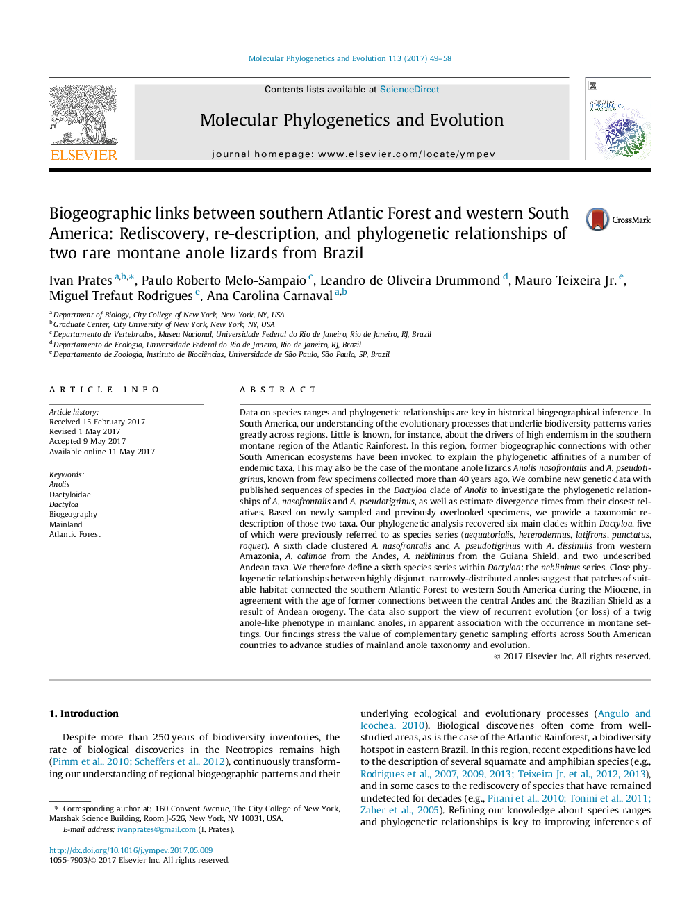 Biogeographic links between southern Atlantic Forest and western South America: Rediscovery, re-description, and phylogenetic relationships of two rare montane anole lizards from Brazil