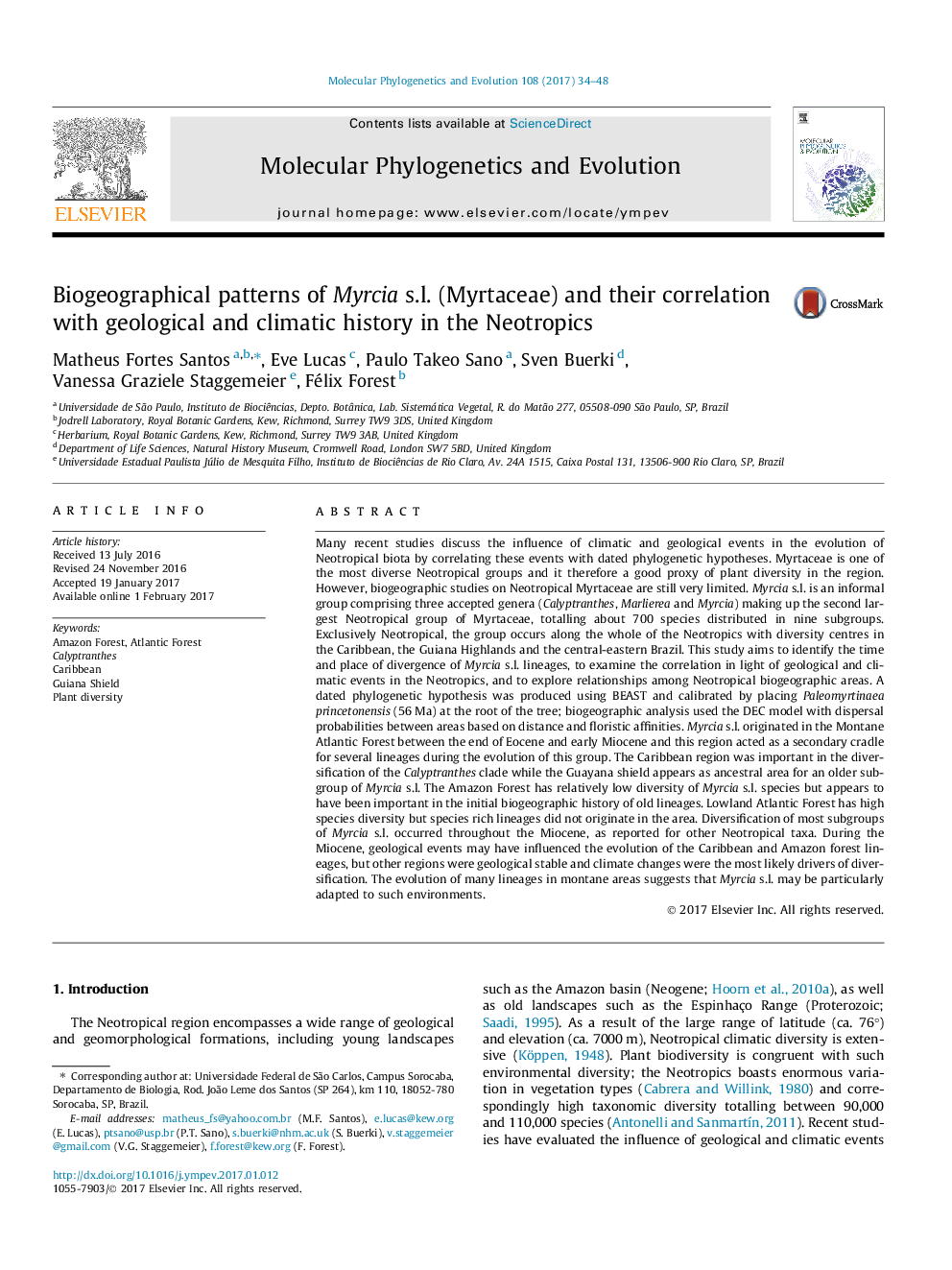 Biogeographical patterns of Myrcia s.l. (Myrtaceae) and their correlation with geological and climatic history in the Neotropics