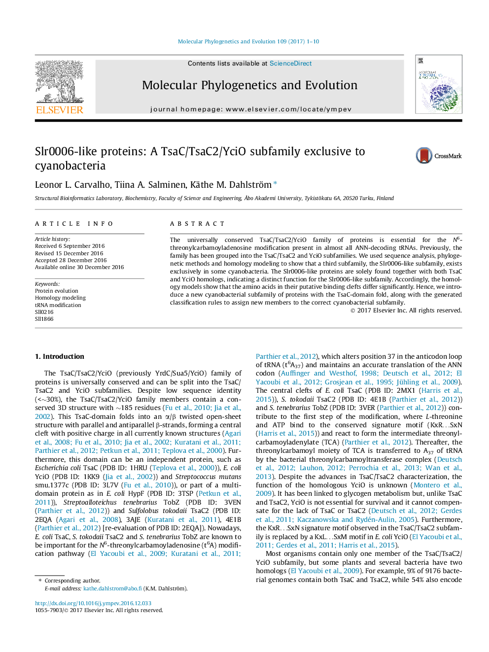 Slr0006-like proteins: A TsaC/TsaC2/YciO subfamily exclusive to cyanobacteria