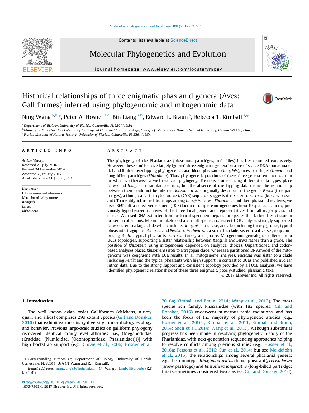 Historical relationships of three enigmatic phasianid genera (Aves: Galliformes) inferred using phylogenomic and mitogenomic data