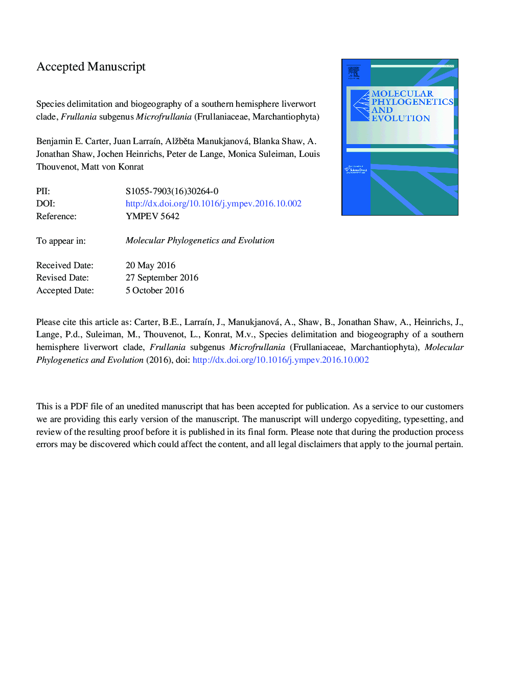 Species delimitation and biogeography of a southern hemisphere liverwort clade, Frullania subgenus Microfrullania (Frullaniaceae, Marchantiophyta)