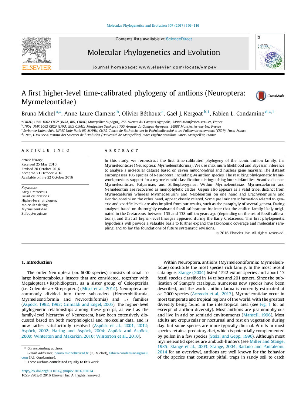 A first higher-level time-calibrated phylogeny of antlions (Neuroptera: Myrmeleontidae)