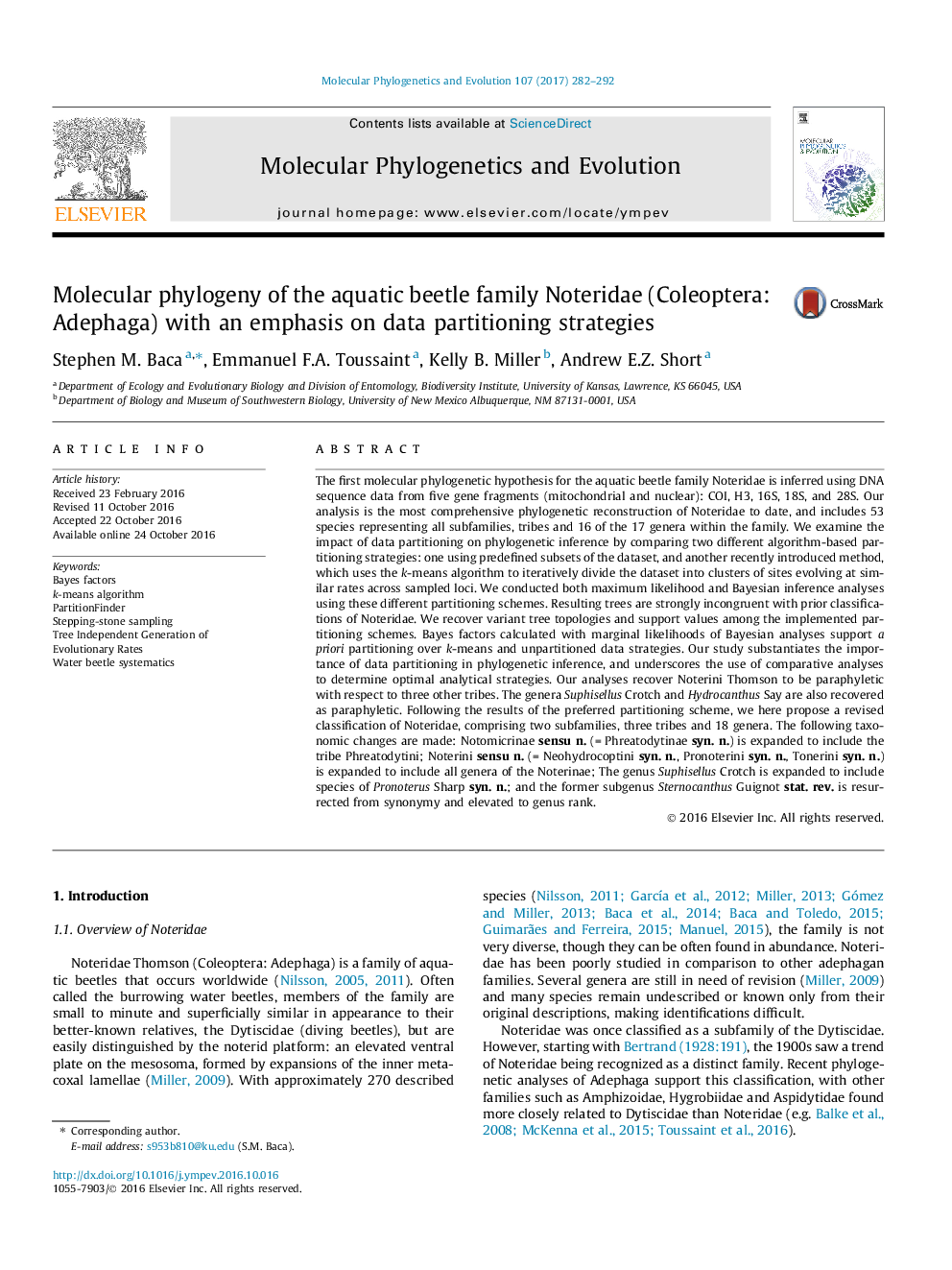 Molecular phylogeny of the aquatic beetle family Noteridae (Coleoptera: Adephaga) with an emphasis on data partitioning strategies