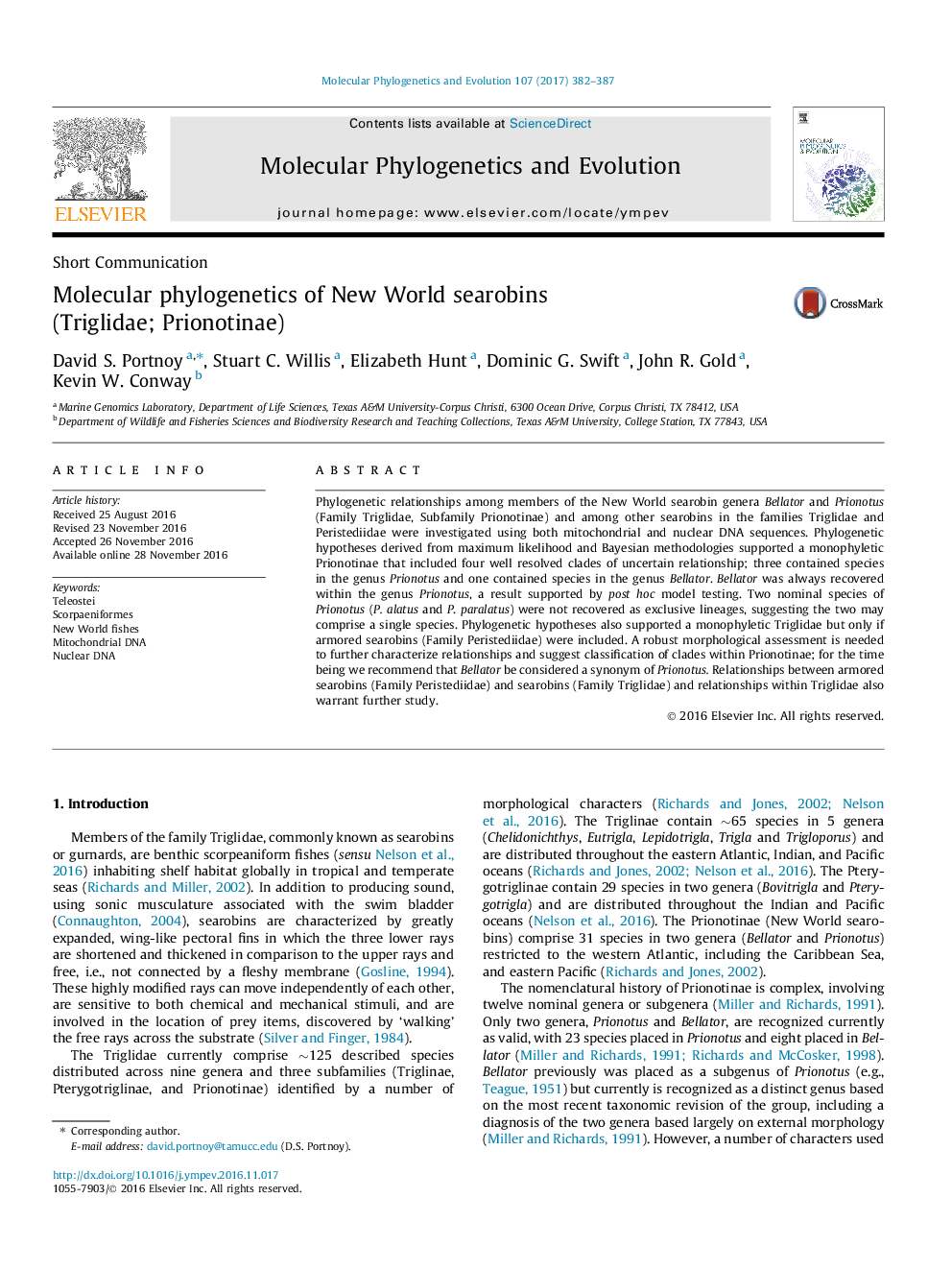 Short CommunicationMolecular phylogenetics of New World searobins (Triglidae; Prionotinae)