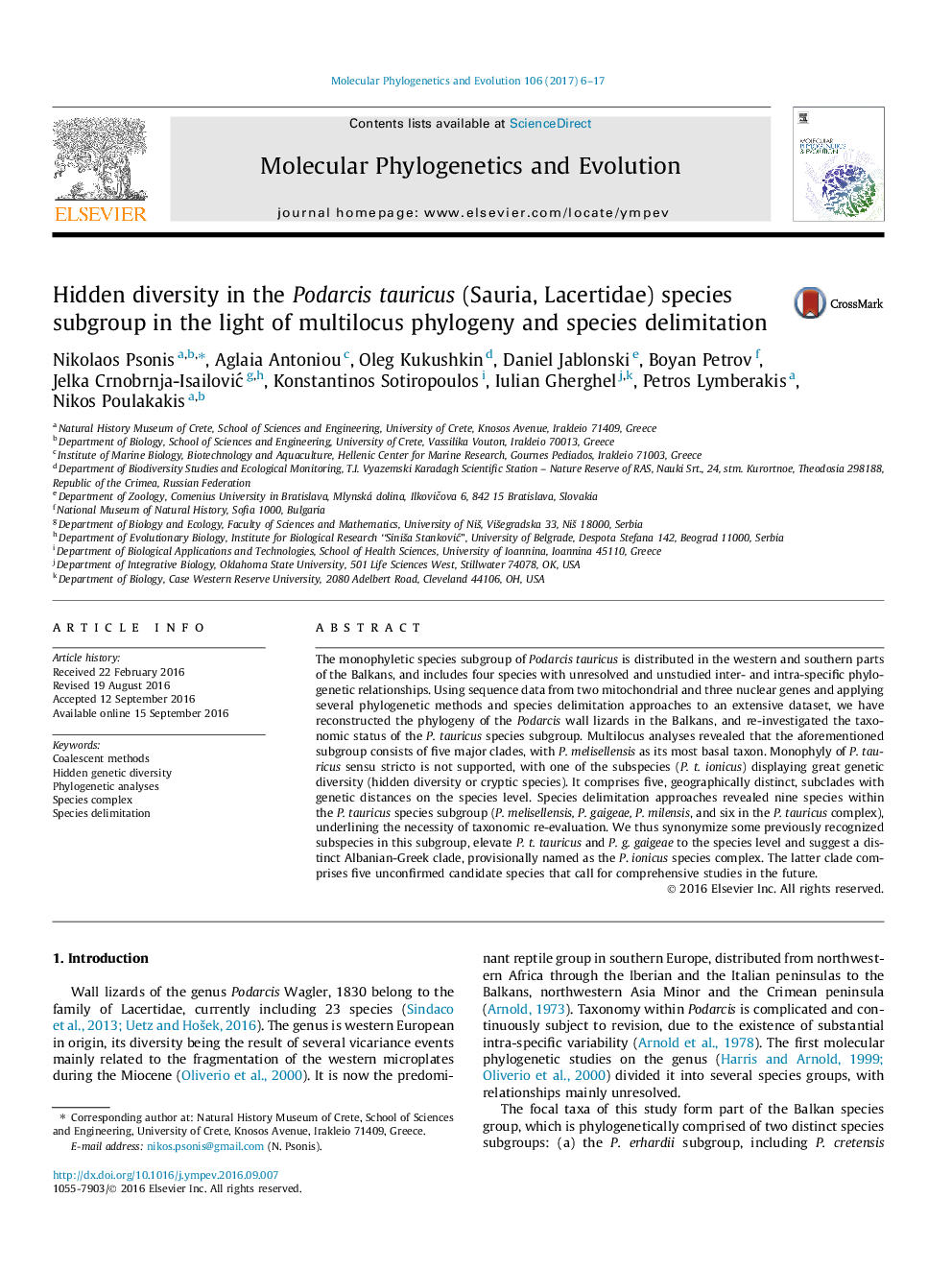 Hidden diversity in the Podarcis tauricus (Sauria, Lacertidae) species subgroup in the light of multilocus phylogeny and species delimitation