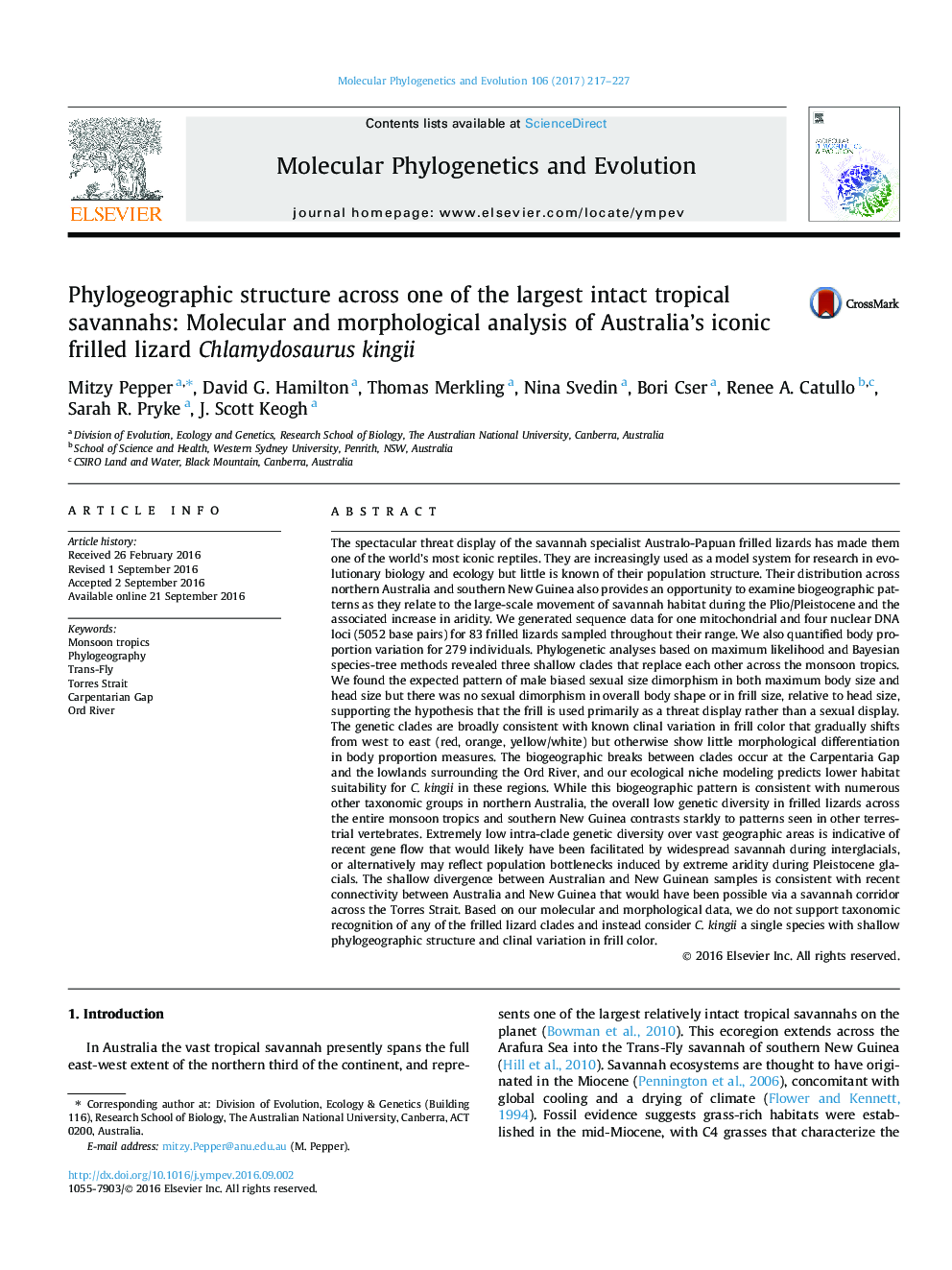 Phylogeographic structure across one of the largest intact tropical savannahs: Molecular and morphological analysis of Australia’s iconic frilled lizard Chlamydosaurus kingii