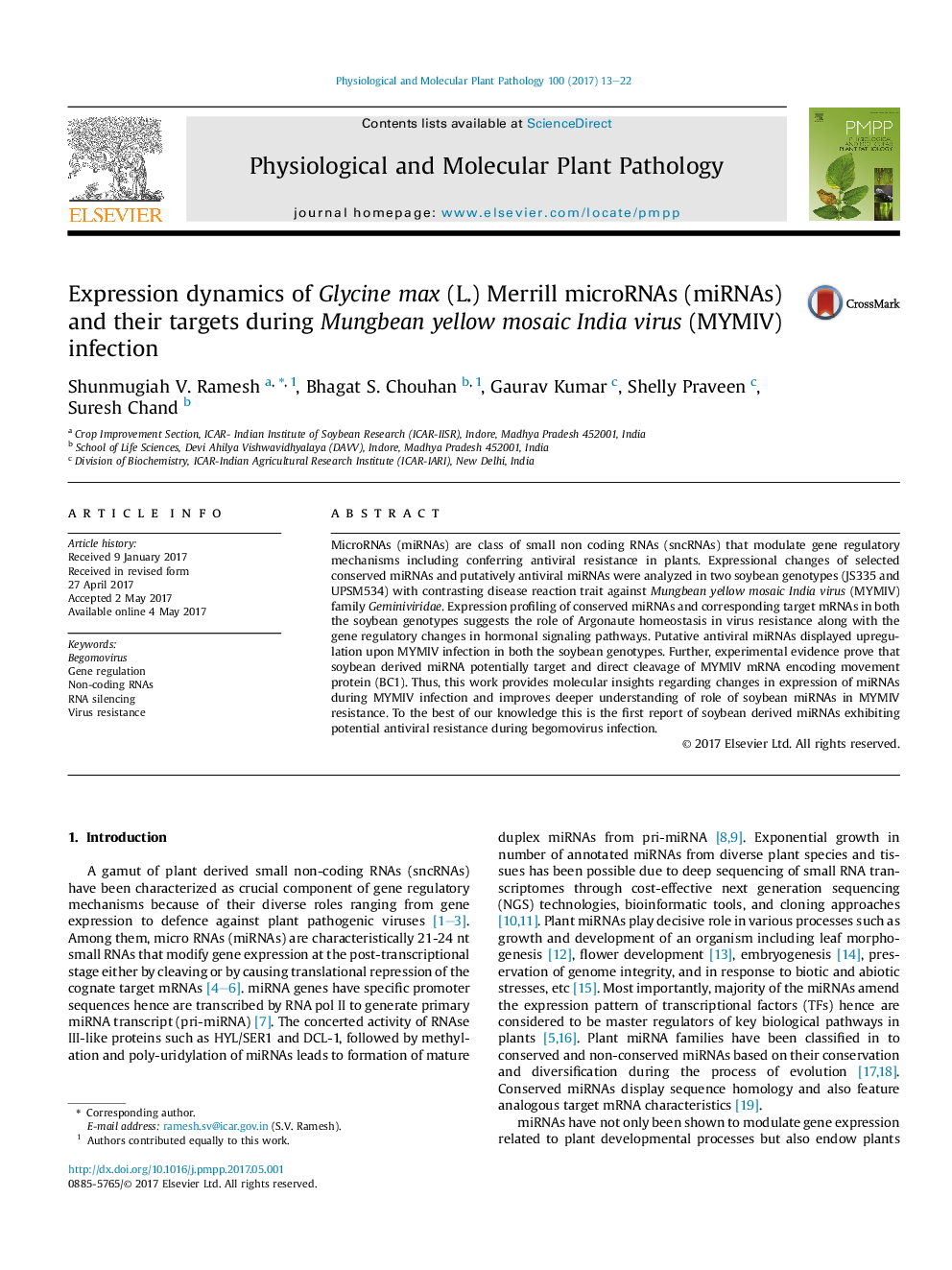 Expression dynamics of Glycine max (L.) Merrill microRNAs (miRNAs) and their targets during Mungbean yellow mosaic India virus (MYMIV) infection