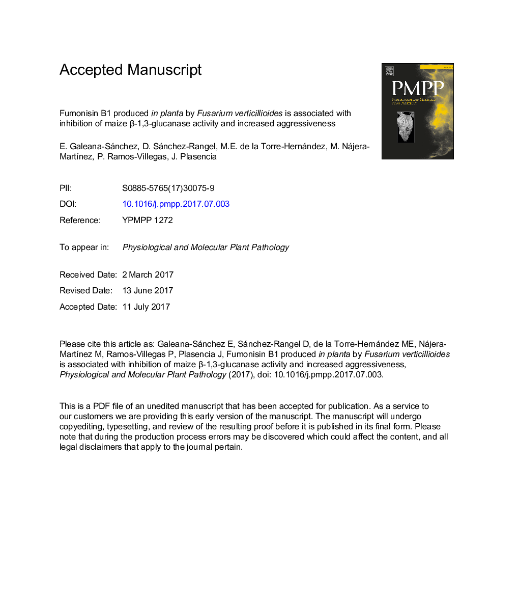 Fumonisin B1 produced in planta by Fusarium verticillioides is associated with inhibition of maize Î²-1,3-glucanase activity and increased aggressiveness