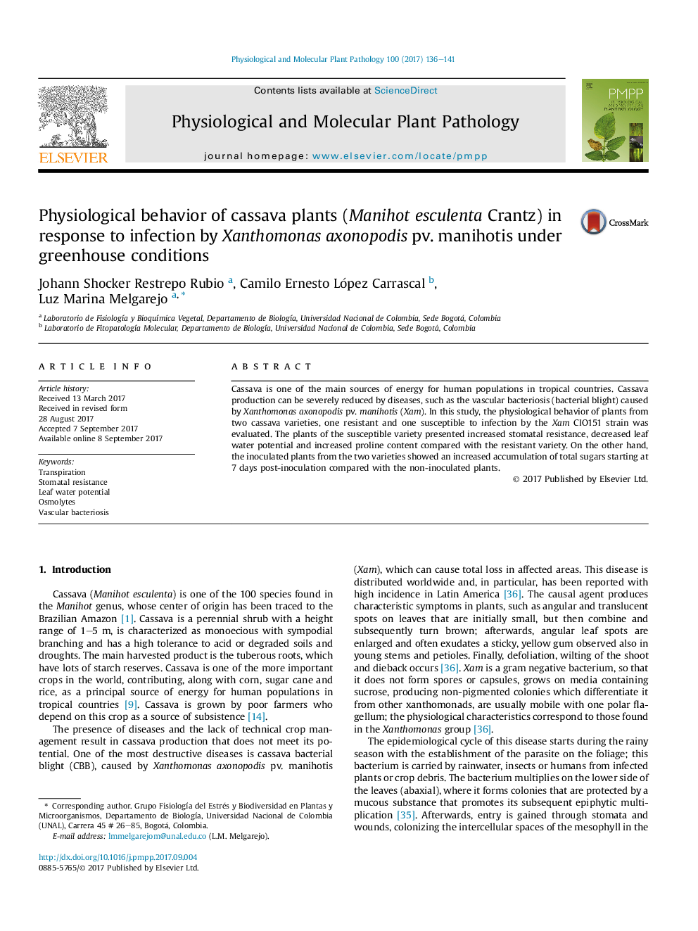 Physiological behavior of cassava plants (Manihot esculenta Crantz) in response to infection by Xanthomonas axonopodis pv. manihotis under greenhouse conditions