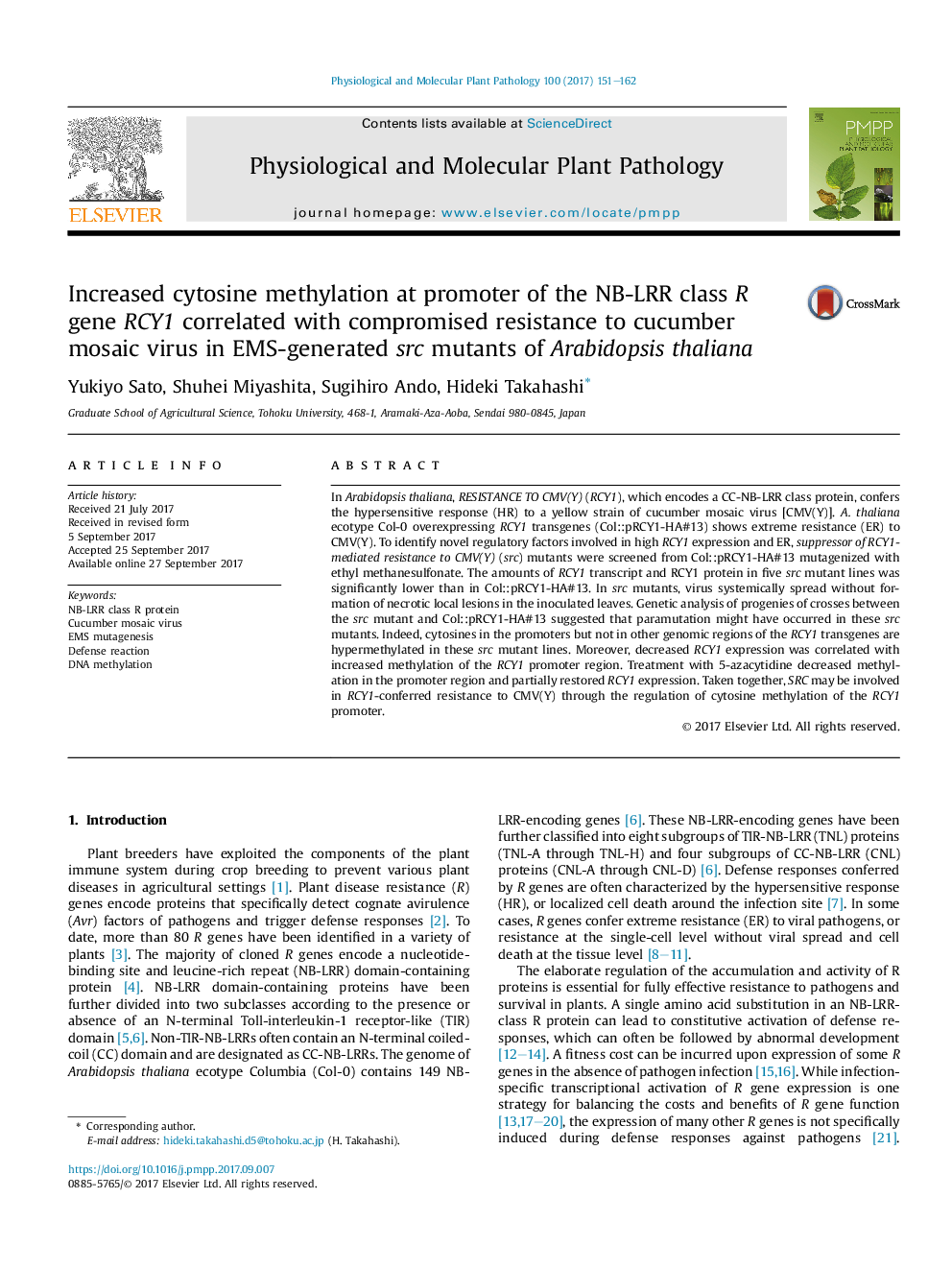 Increased cytosine methylation at promoter of the NB-LRR class R gene RCY1 correlated with compromised resistance to cucumber mosaic virus in EMS-generated src mutants of Arabidopsis thaliana