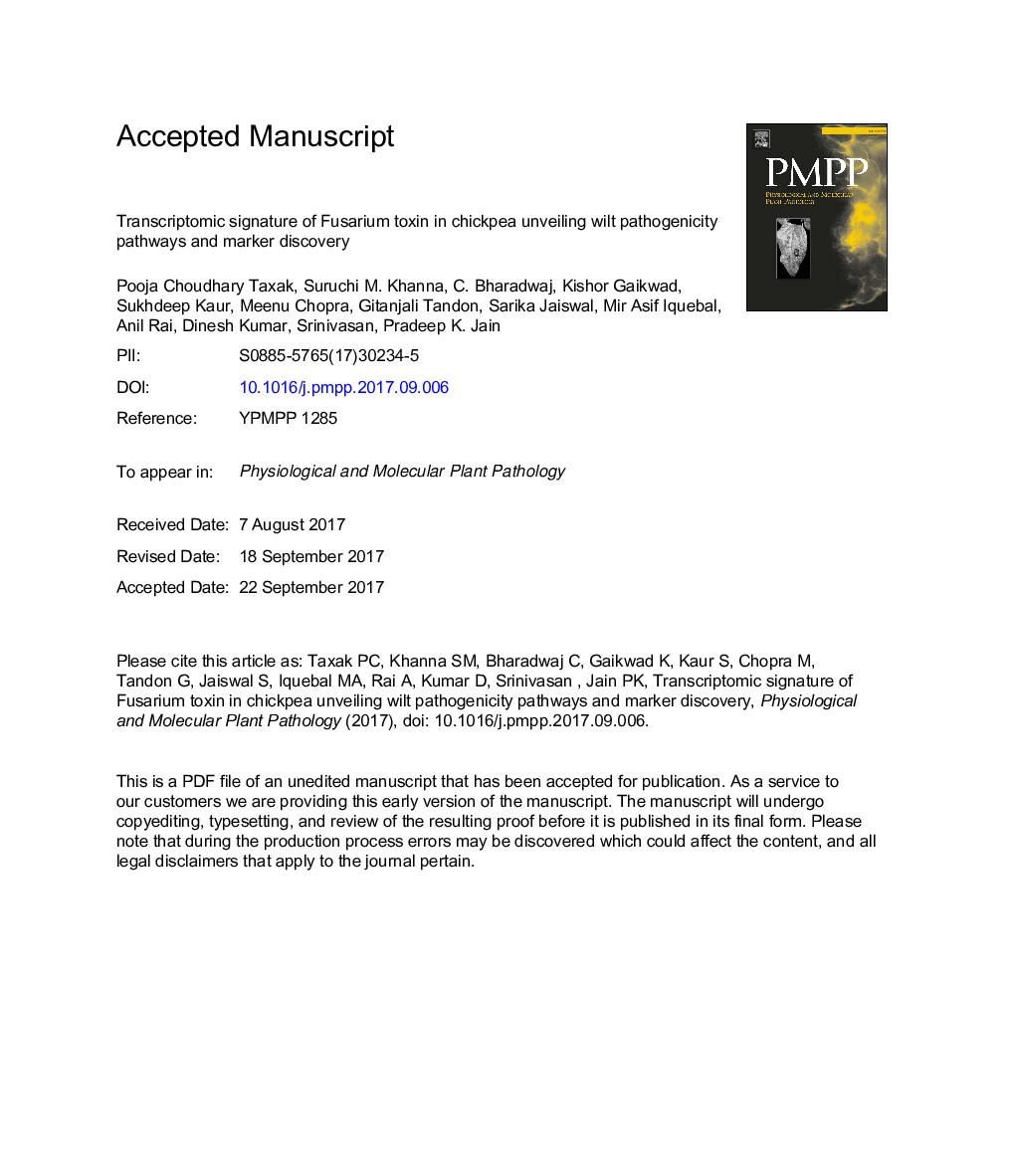 Transcriptomic signature of Fusarium toxin in chickpea unveiling wilt pathogenicity pathways and marker discovery