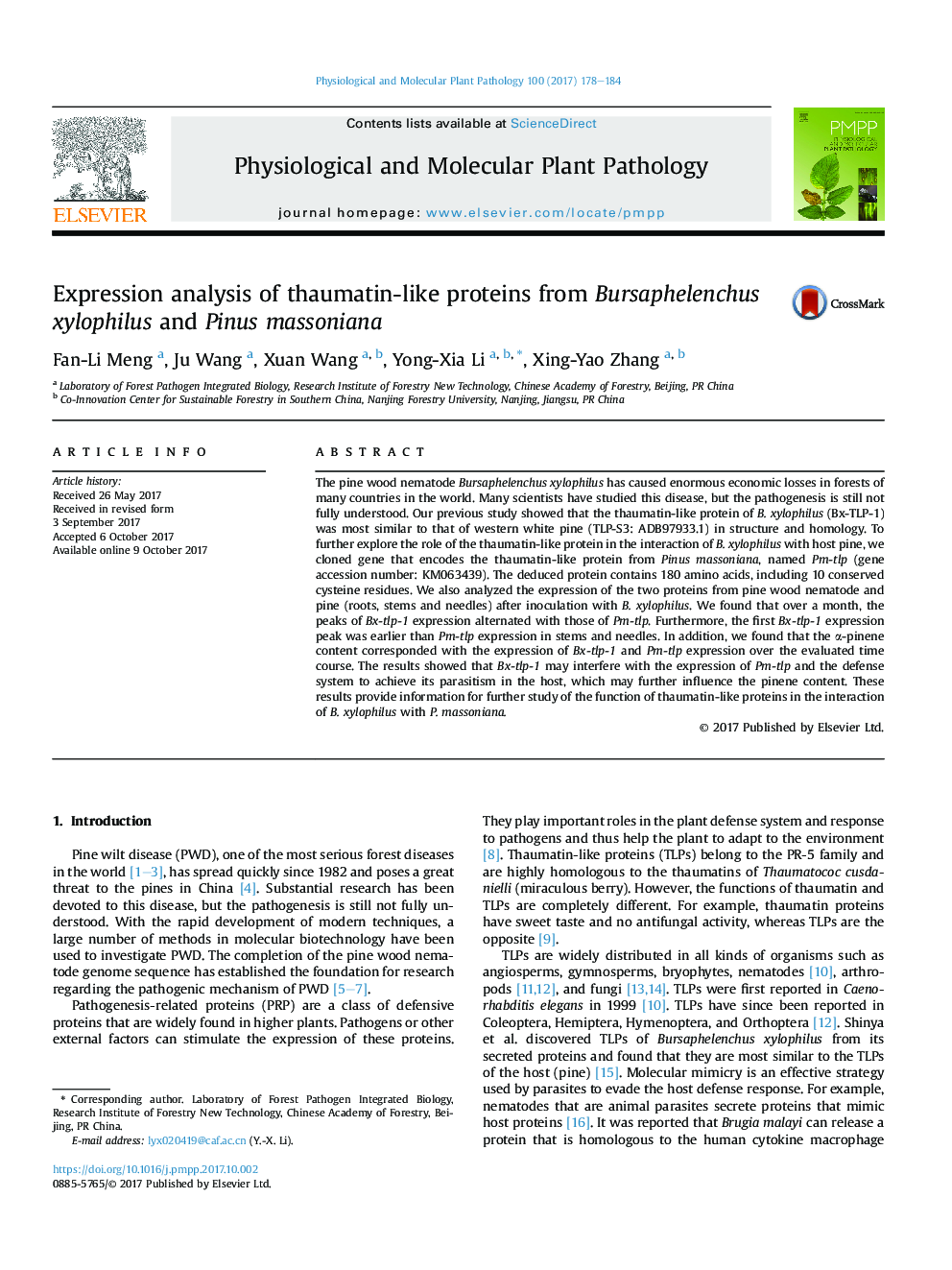 Expression analysis of thaumatin-like proteins from Bursaphelenchus xylophilus and Pinus massoniana