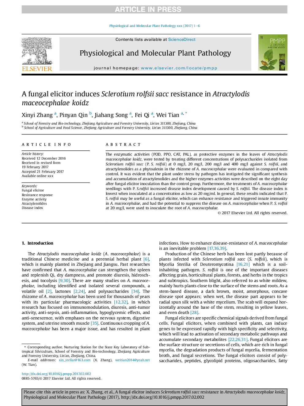 A fungal elicitor induces Sclerotium rolfsii sacc resistance in Atractylodis maceocephalae koidz