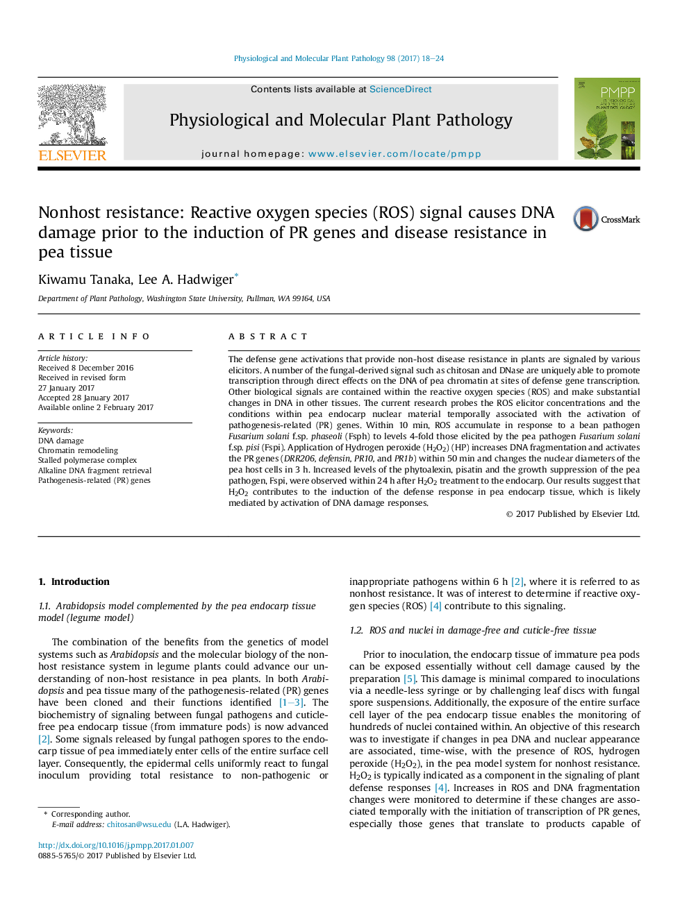 Nonhost resistance: Reactive oxygen species (ROS) signal causes DNA damage prior to the induction of PR genes and disease resistance in pea tissue