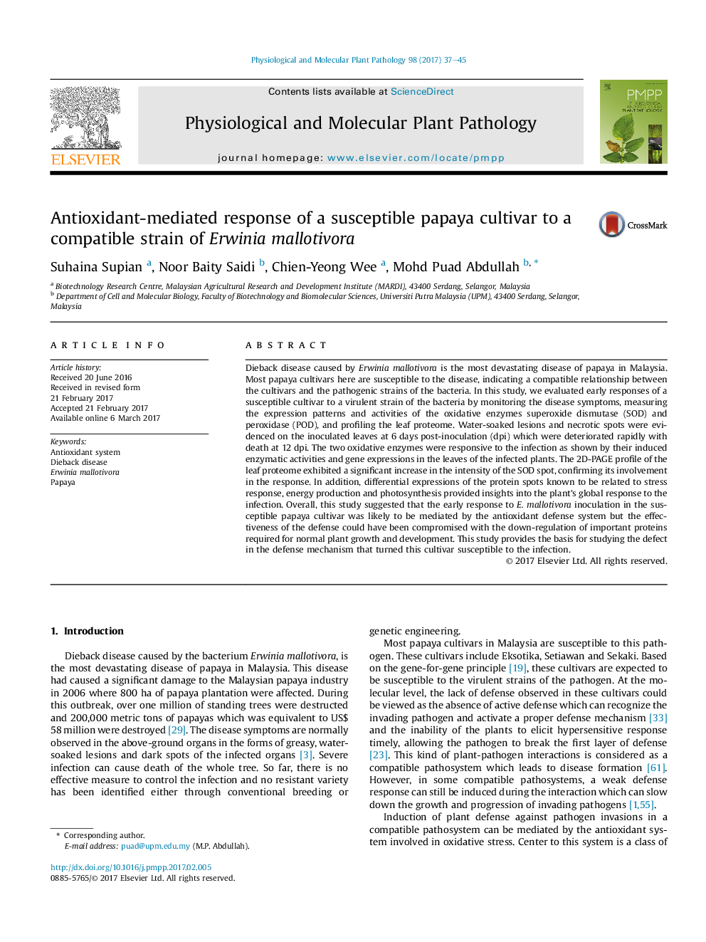 Antioxidant-mediated response of a susceptible papaya cultivar to a compatible strain of Erwinia mallotivora