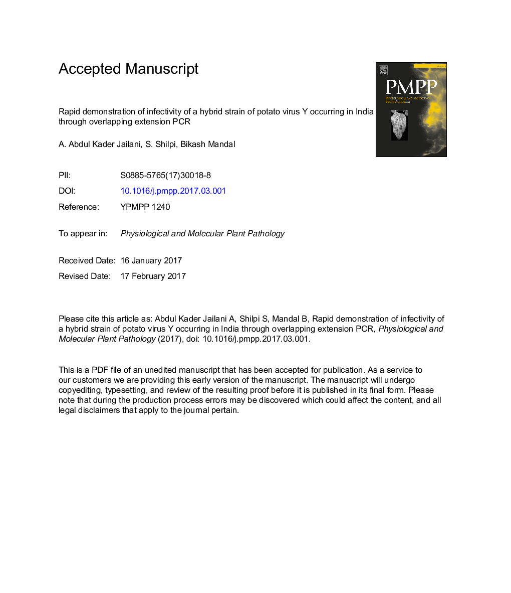 Rapid demonstration of infectivity of a hybrid strain of potato virus Y occurring in India through overlapping extension PCR