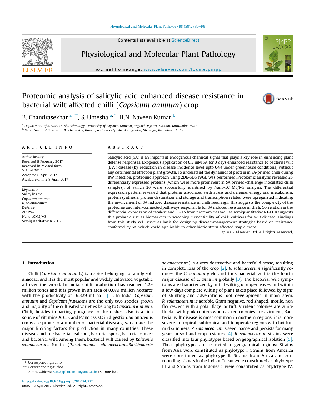 Proteomic analysis of salicylic acid enhanced disease resistance in bacterial wilt affected chilli (Capsicum annuum) crop