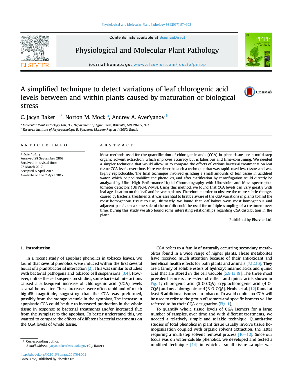 A simplified technique to detect variations of leaf chlorogenic acid levels between and within plants caused by maturation or biological stress