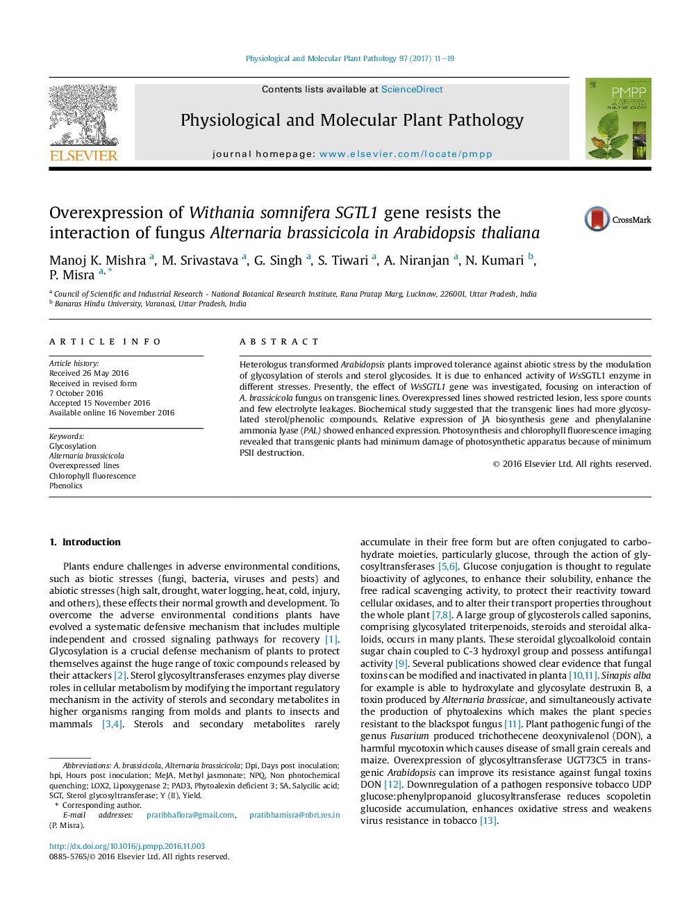 Overexpression of Withania somnifera SGTL1 gene resists the interaction of fungus Alternaria brassicicola in Arabidopsis thaliana