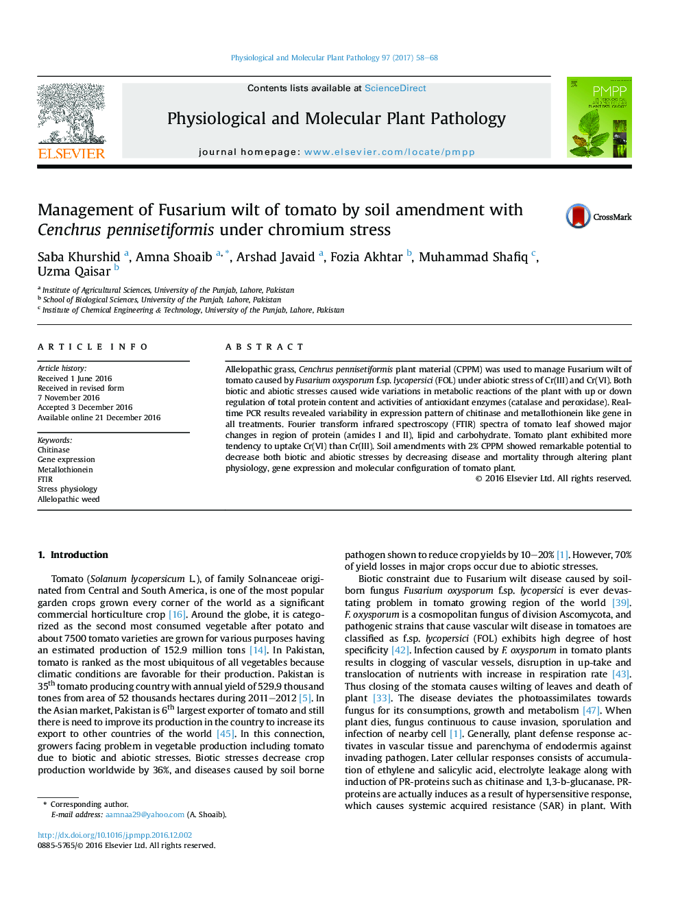 Management of Fusarium wilt of tomato by soil amendment with Cenchrus pennisetiformis under chromium stress