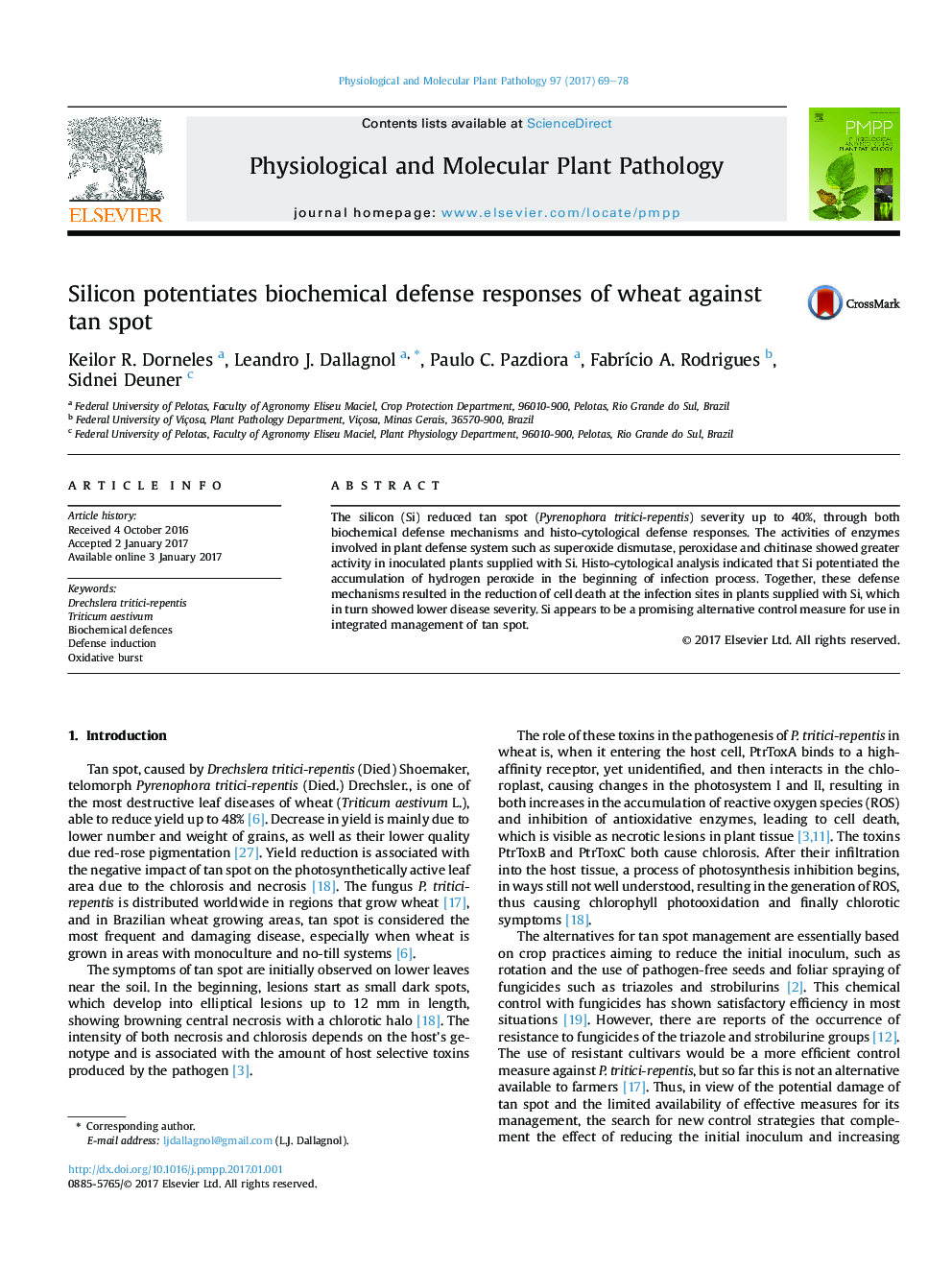 Silicon potentiates biochemical defense responses of wheat against tan spot