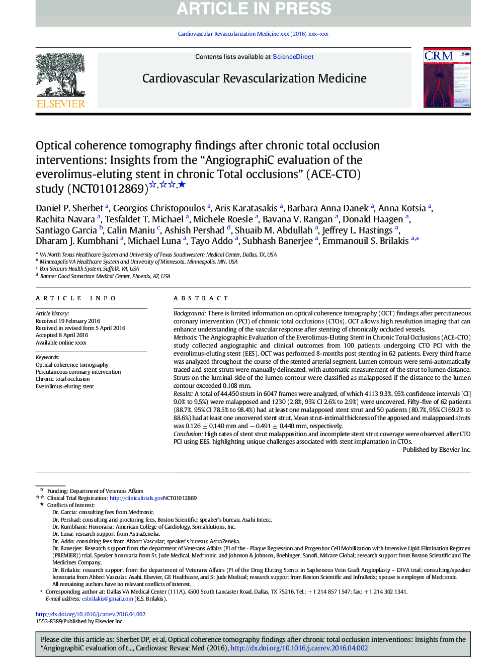 Optical coherence tomography findings after chronic total occlusion interventions: Insights from the “AngiographiC evaluation of the everolimus-eluting stent in chronic Total occlusions” (ACE-CTO) study (NCT01012869)