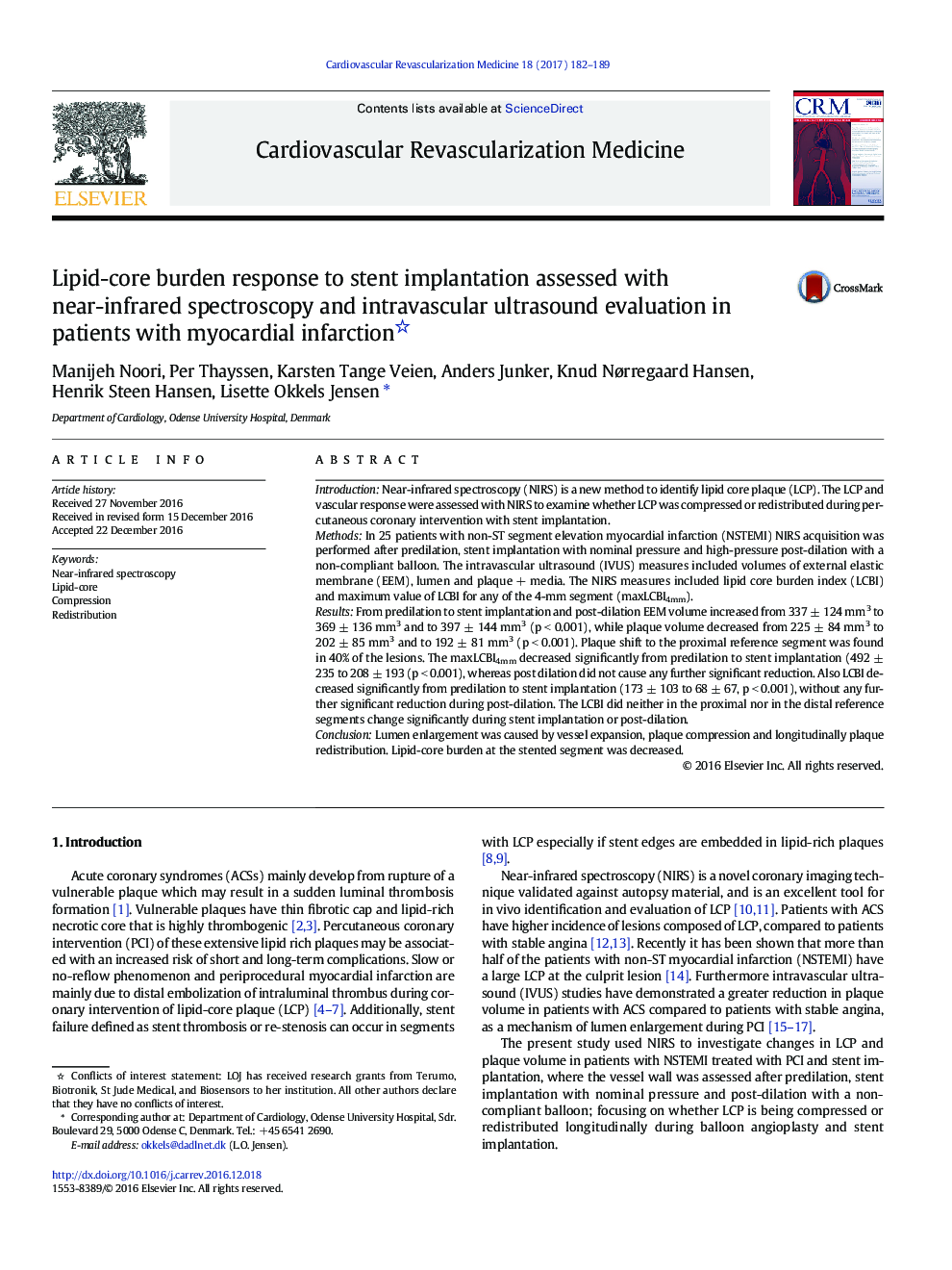 ImagingLipid-core burden response to stent implantation assessed with near-infrared spectroscopy and intravascular ultrasound evaluation in patients with myocardial infarction