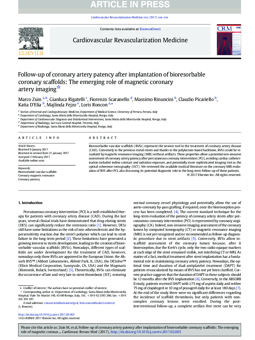 Follow-up of coronary artery patency after implantation of bioresorbable coronary scaffolds: The emerging role of magnetic coronary artery imaging