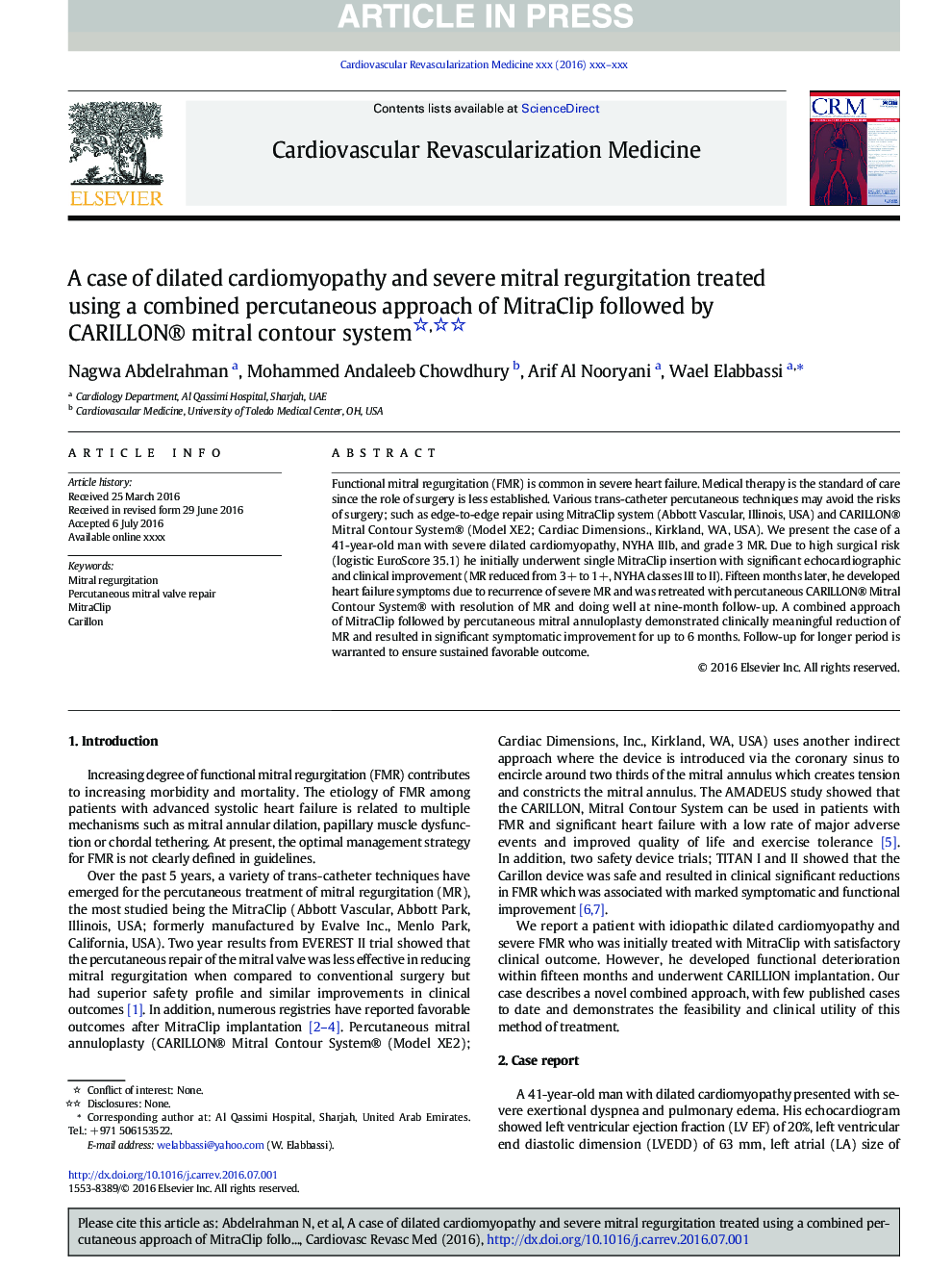 A case of dilated cardiomyopathy and severe mitral regurgitation treated using a combined percutaneous approach of MitraClip followed by CARILLON® mitral contour system