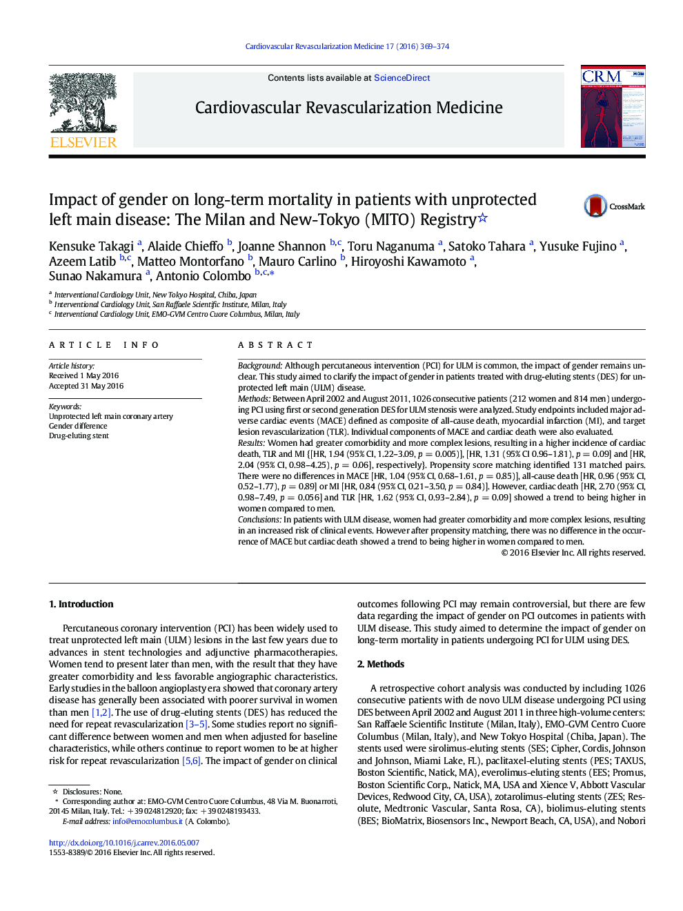 ClinicalImpact of gender on long-term mortality in patients with unprotected left main disease: The Milan and New-Tokyo (MITO) Registry