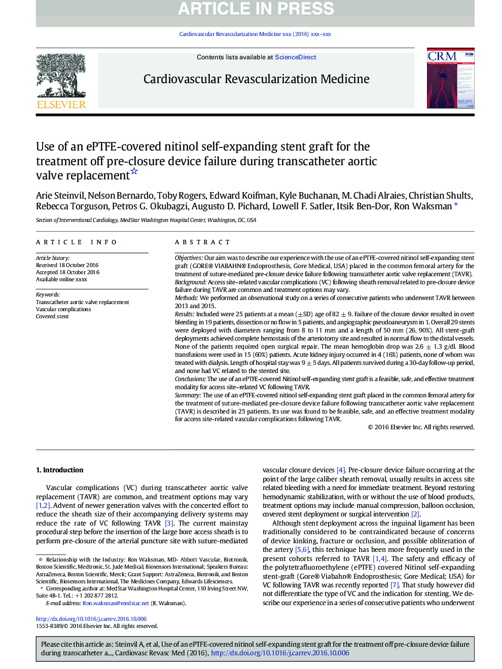 Use of an ePTFE-covered nitinol self-expanding stent graft for the treatment off pre-closure device failure during transcatheter aortic valve replacement