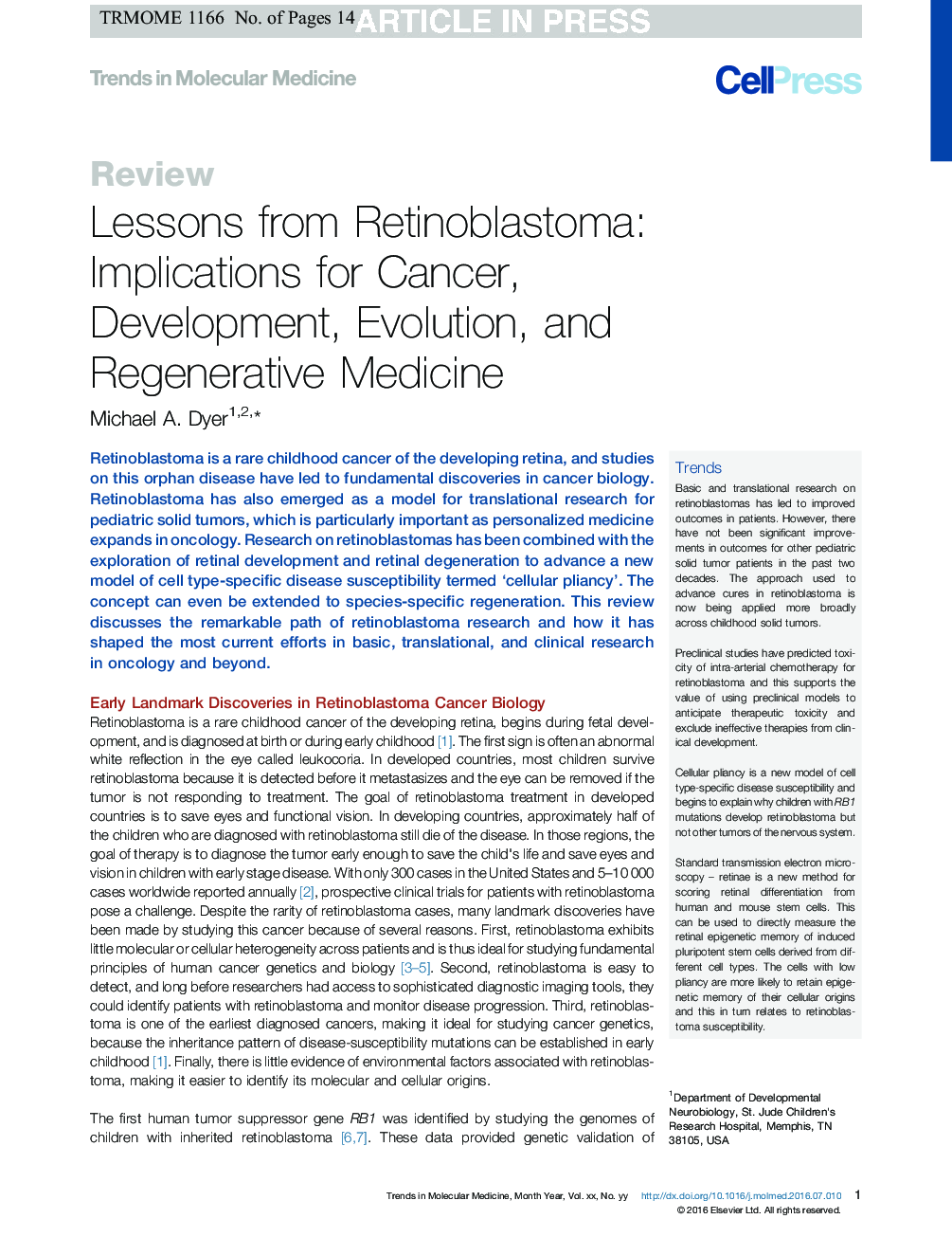 Lessons from Retinoblastoma: Implications for Cancer, Development, Evolution, and Regenerative Medicine