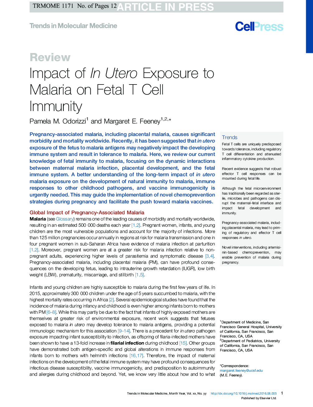 Impact of In Utero Exposure to Malaria on Fetal T Cell Immunity