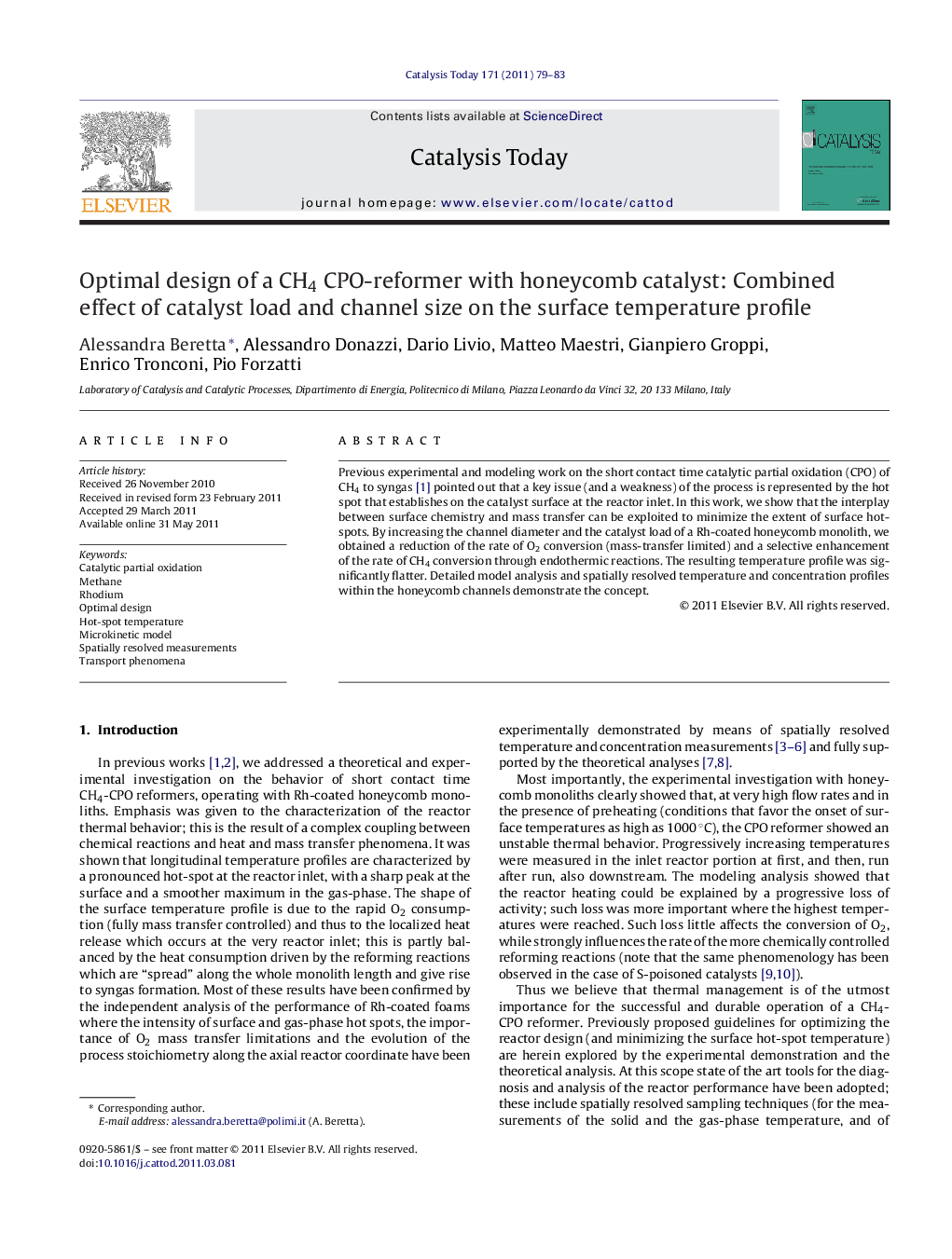 Optimal design of a CH4 CPO-reformer with honeycomb catalyst: Combined effect of catalyst load and channel size on the surface temperature profile