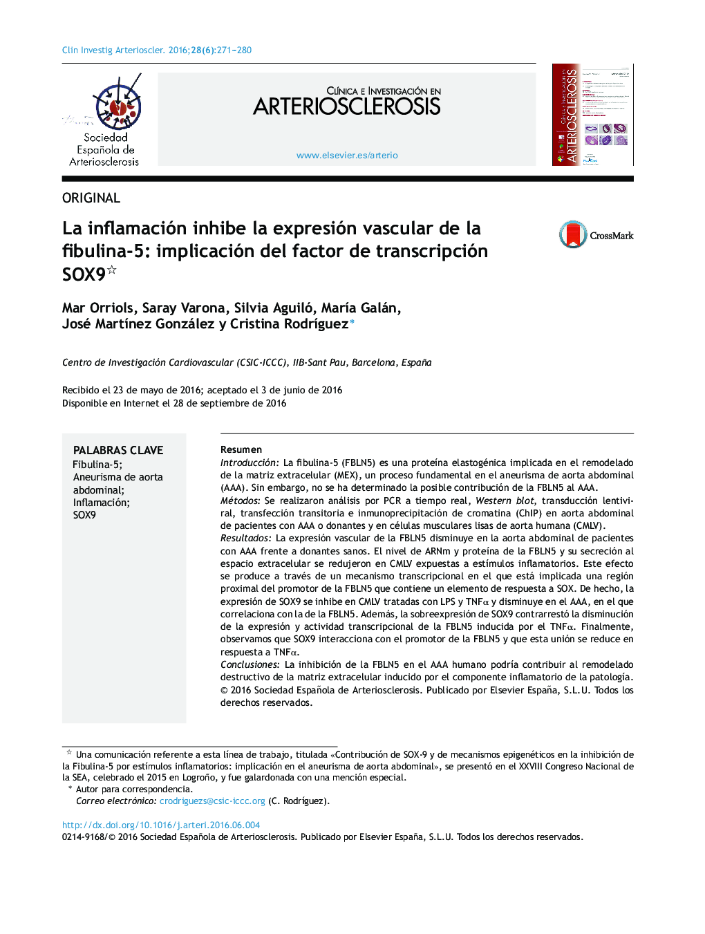 عکس صفحه اول مقاله: La inflamación inhibe la expresión vascular de la fibulina-5: implicación del factor de transcripción SOX9 La inflamación inhibe la expresión vascular de la fibulina-5: implicación del factor de transcripción SOX9