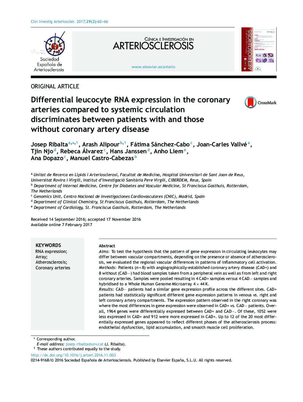 Differential leucocyte RNA expression in the coronary arteries compared to systemic circulation discriminates between patients with and those without coronary artery disease