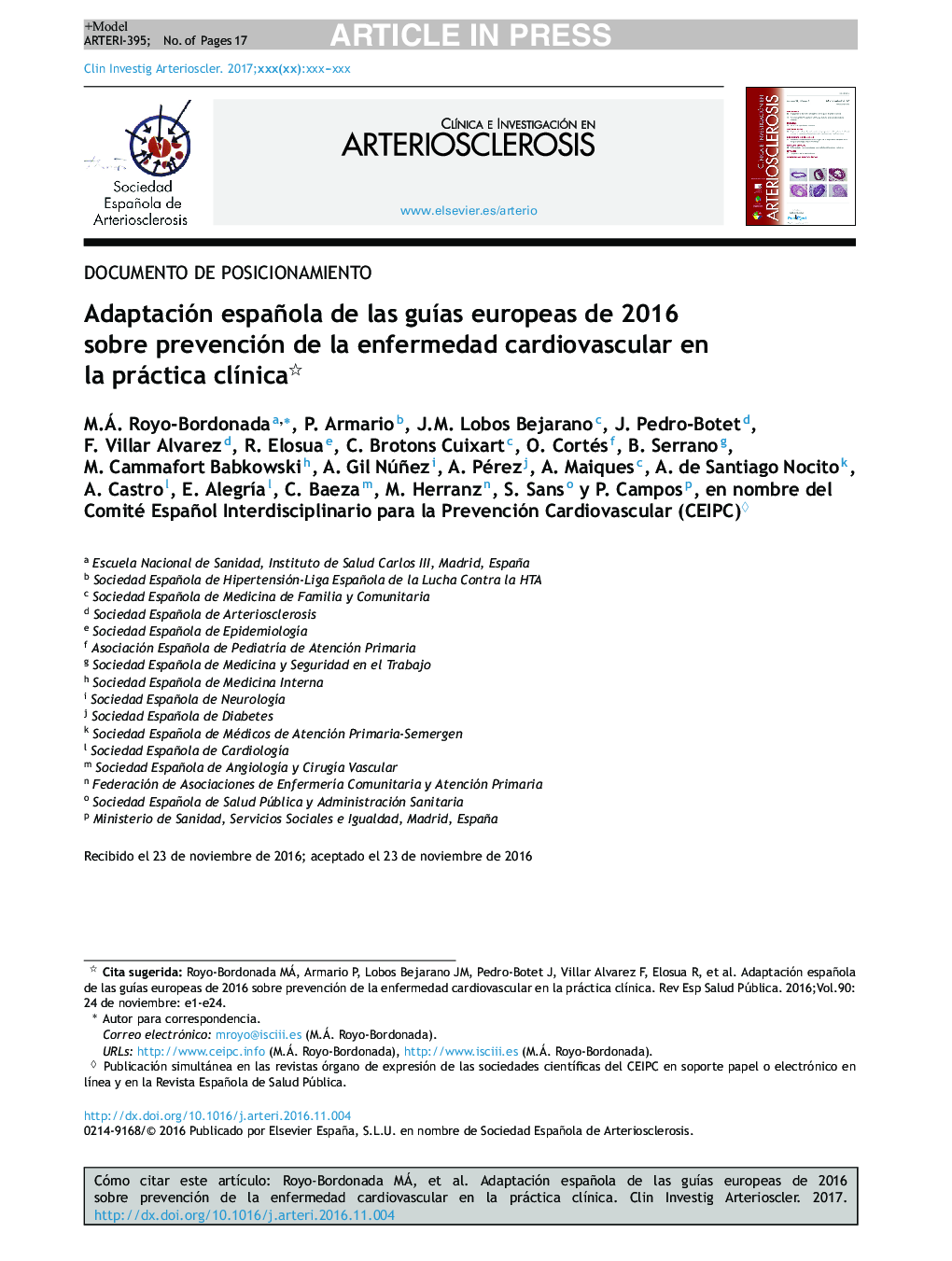 Adaptación española de las guÃ­as europeas de 2016 sobre prevención de la enfermedad cardiovascular en la práctica clÃ­nica