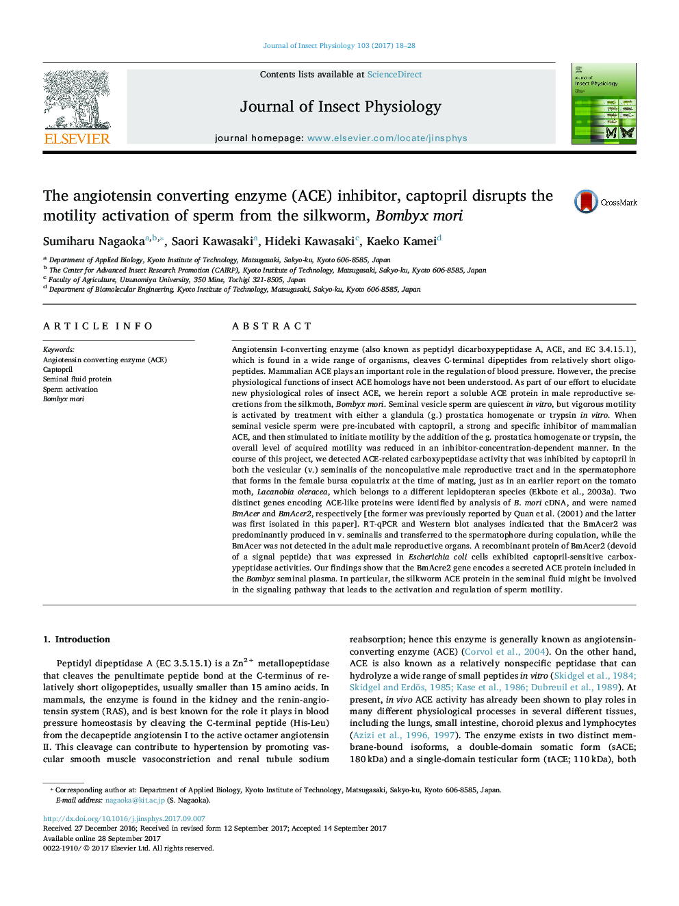 The angiotensin converting enzyme (ACE) inhibitor, captopril disrupts the motility activation of sperm from the silkworm, Bombyx mori