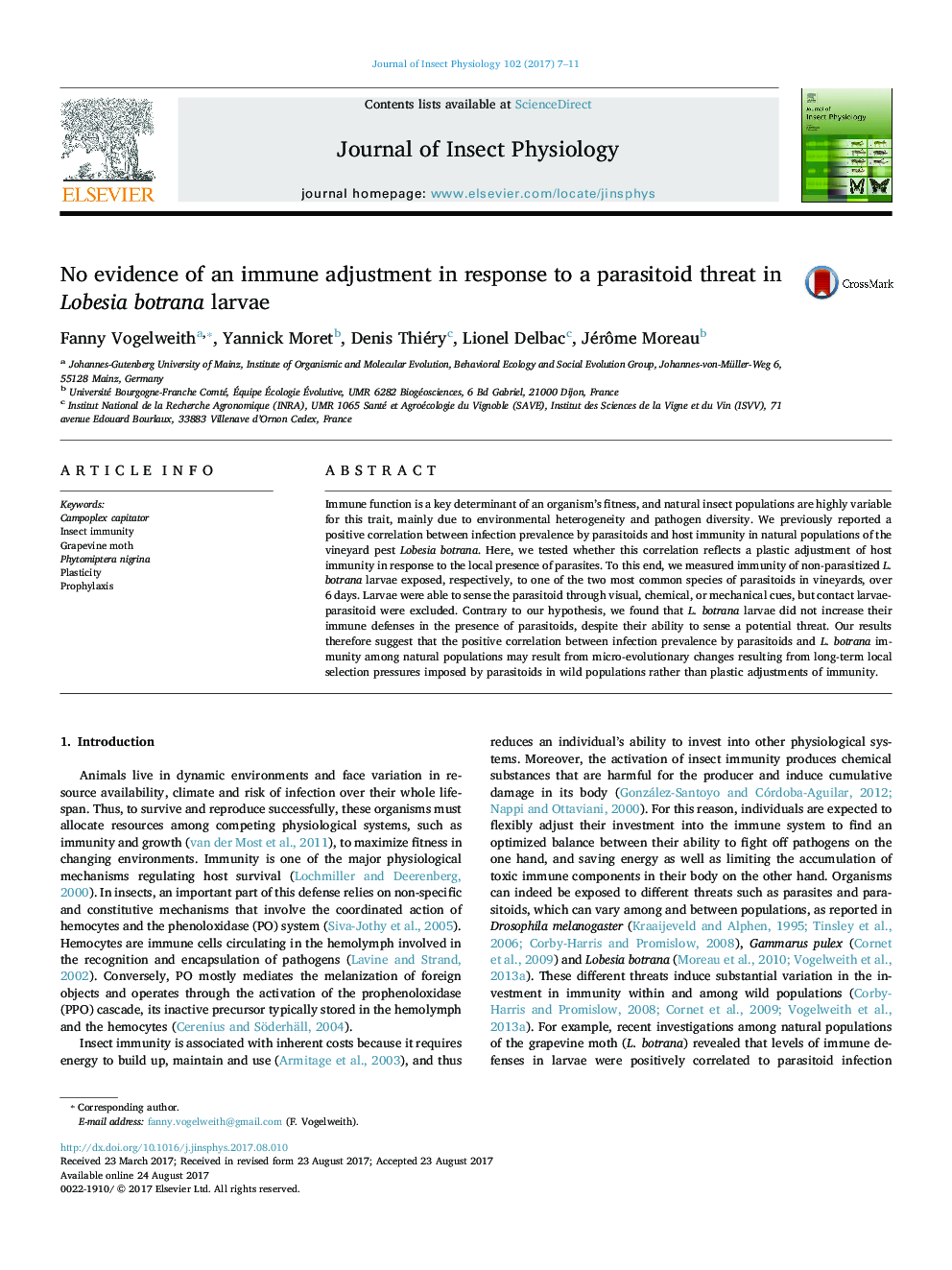 No evidence of an immune adjustment in response to a parasitoid threat in Lobesia botrana larvae