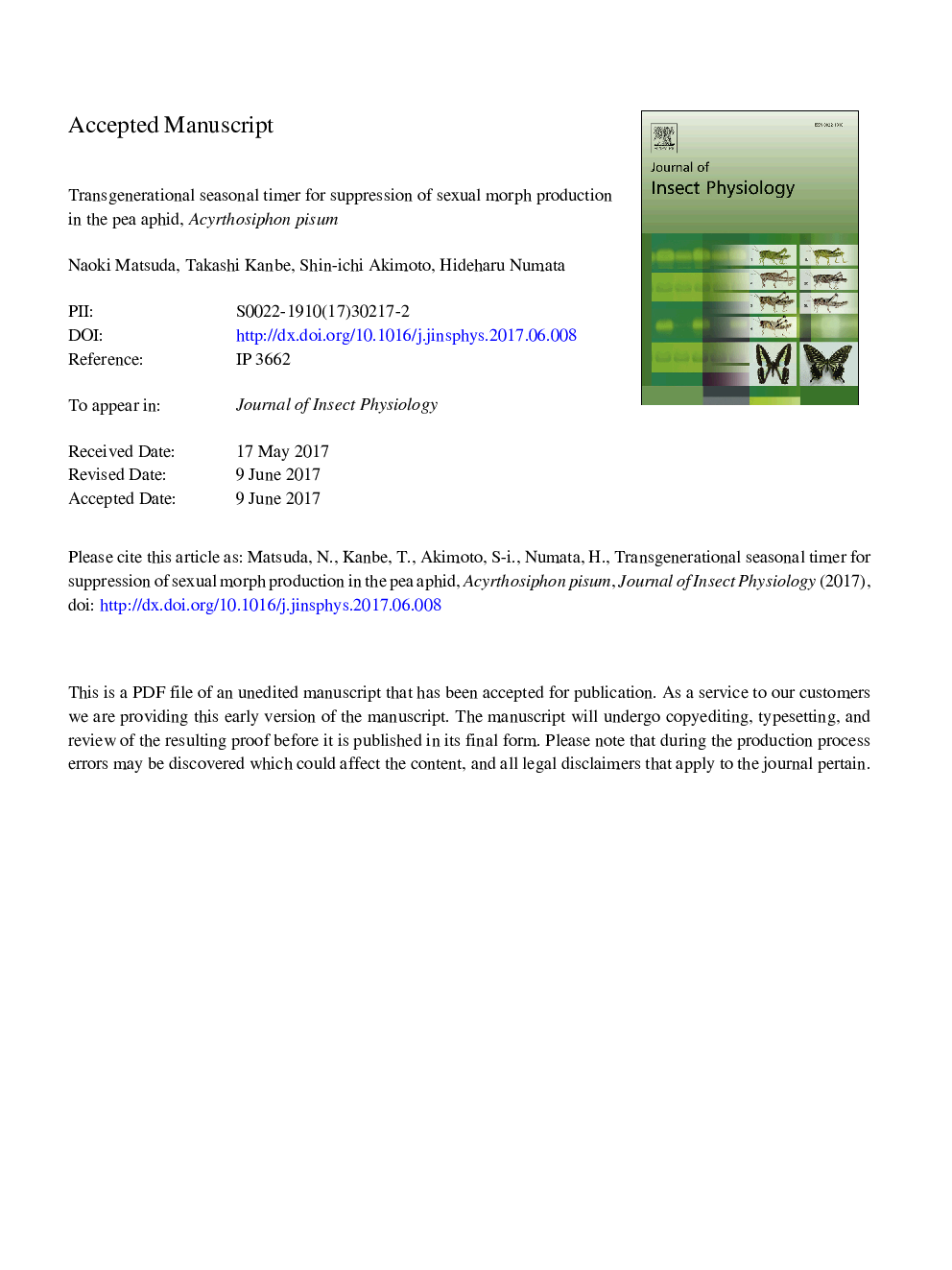 Transgenerational seasonal timer for suppression of sexual morph production in the pea aphid, Acyrthosiphon pisum