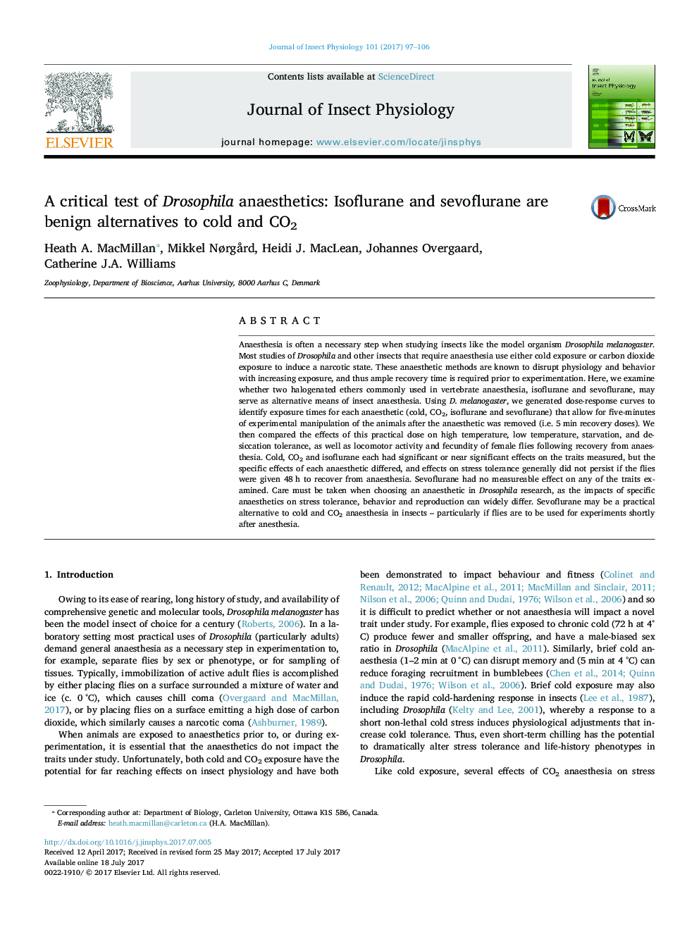 A critical test of Drosophila anaesthetics: Isoflurane and sevoflurane are benign alternatives to cold and CO2