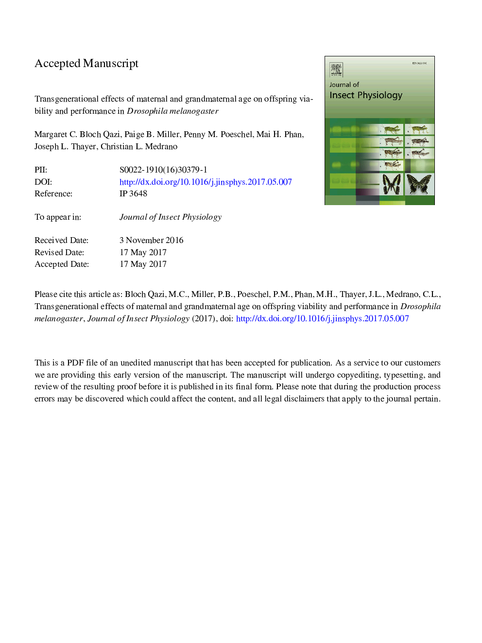 Transgenerational effects of maternal and grandmaternal age on offspring viability and performance in Drosophila melanogaster