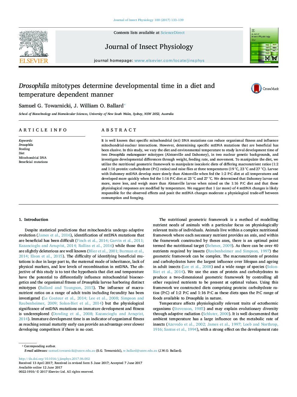 عکس صفحه اول مقاله: Drosophila mitotypes determine developmental time in a diet and temperature dependent manner Drosophila mitotypes determine developmental time in a diet and temperature dependent manner