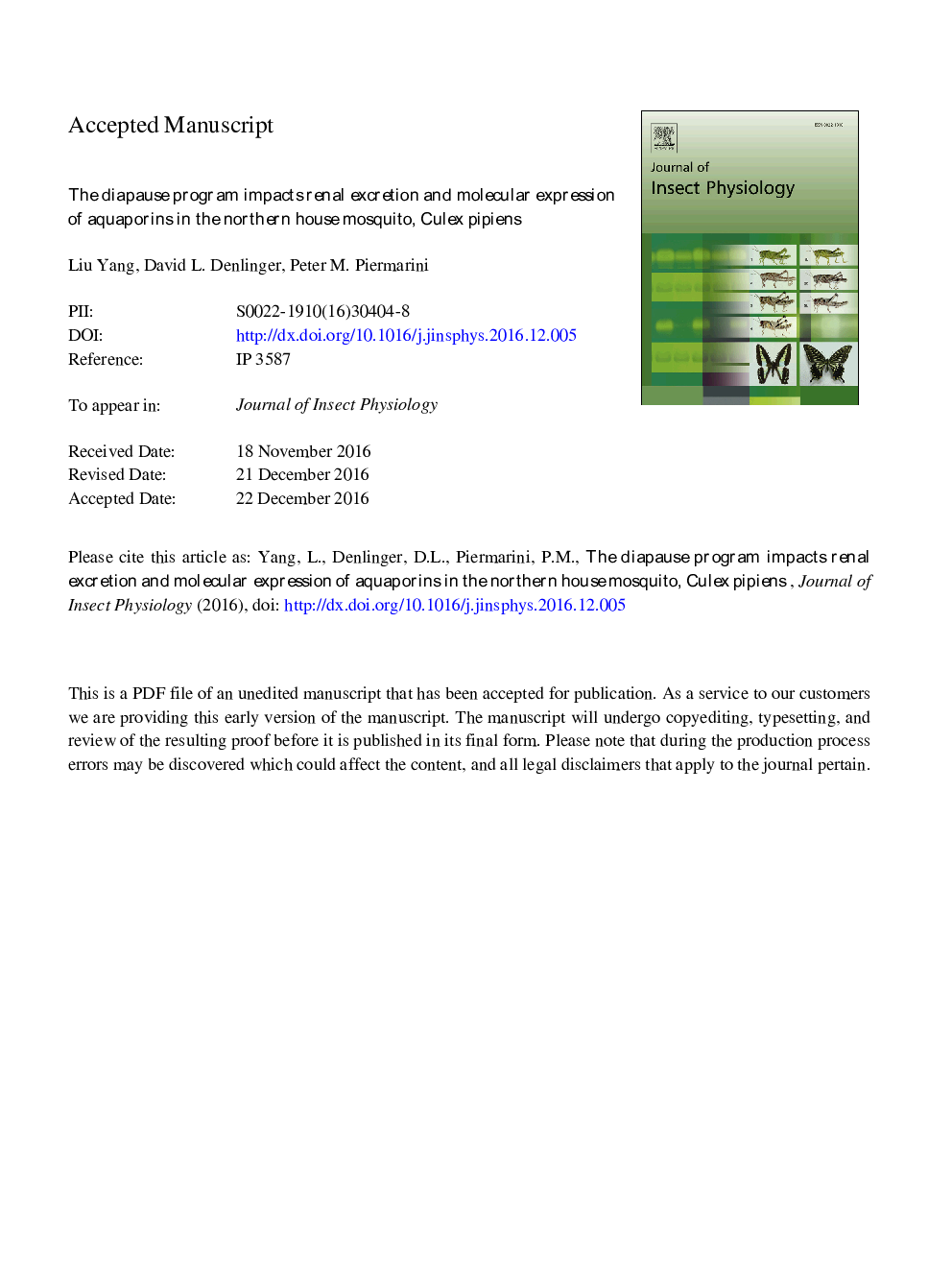 The diapause program impacts renal excretion and molecular expression of aquaporins in the northern house mosquito, Culex pipiens