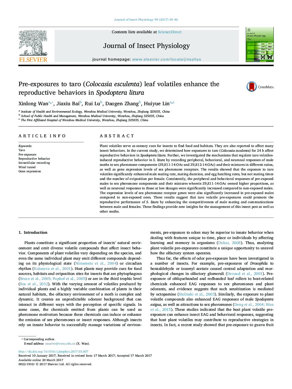 RETRACTED: Pre-exposures to taro (Colocasia esculenta) leaf volatiles enhance the reproductive behaviors in Spodoptera litura