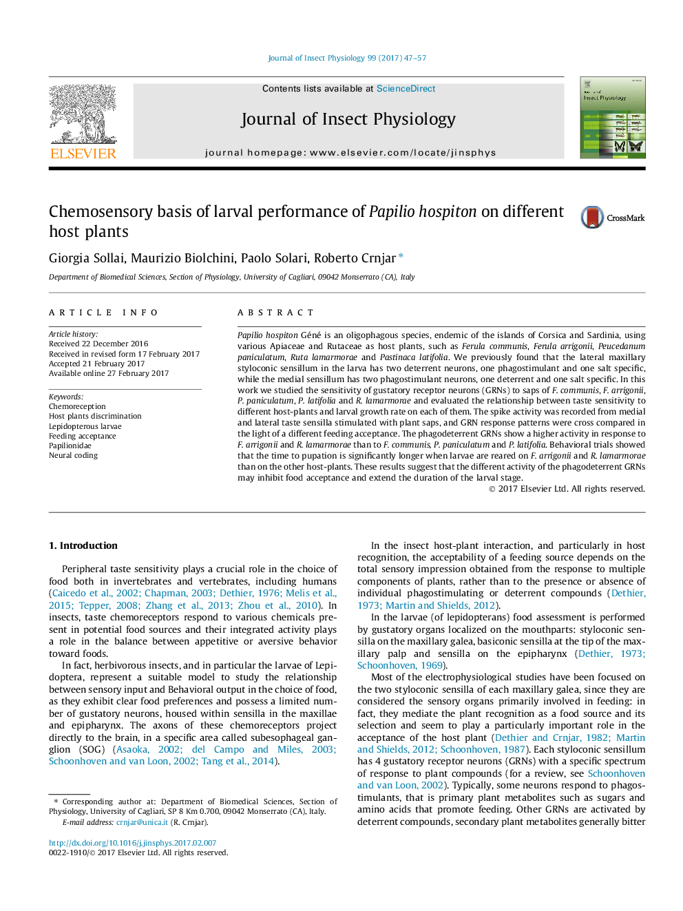 Chemosensory basis of larval performance of Papilio hospiton on different host plants