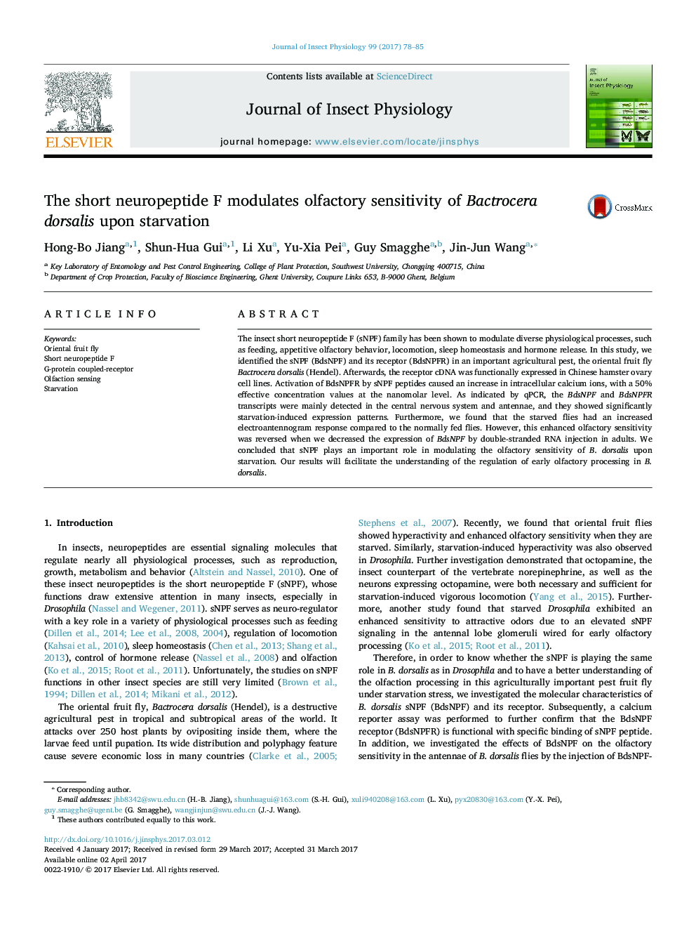 The short neuropeptide F modulates olfactory sensitivity of Bactrocera dorsalis upon starvation