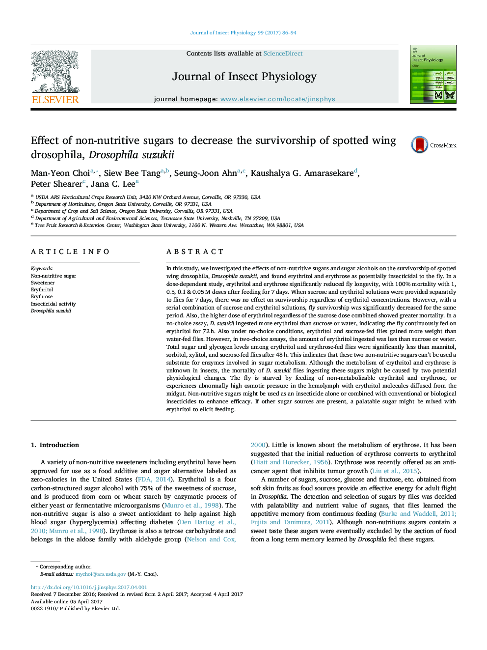 Effect of non-nutritive sugars to decrease the survivorship of spotted wing drosophila, Drosophila suzukii