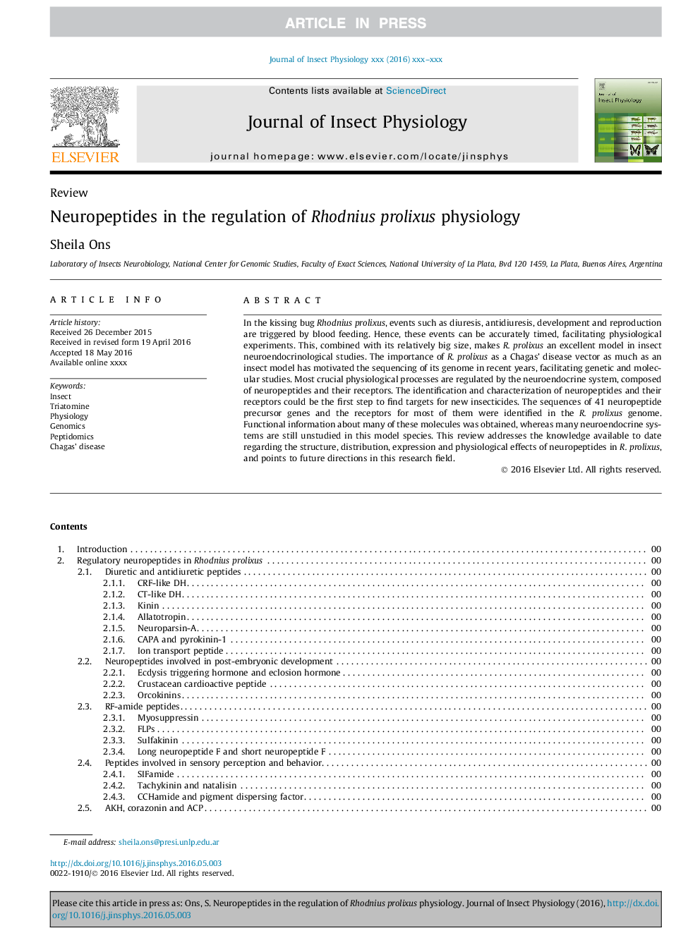 Neuropeptides in the regulation of Rhodnius prolixus physiology