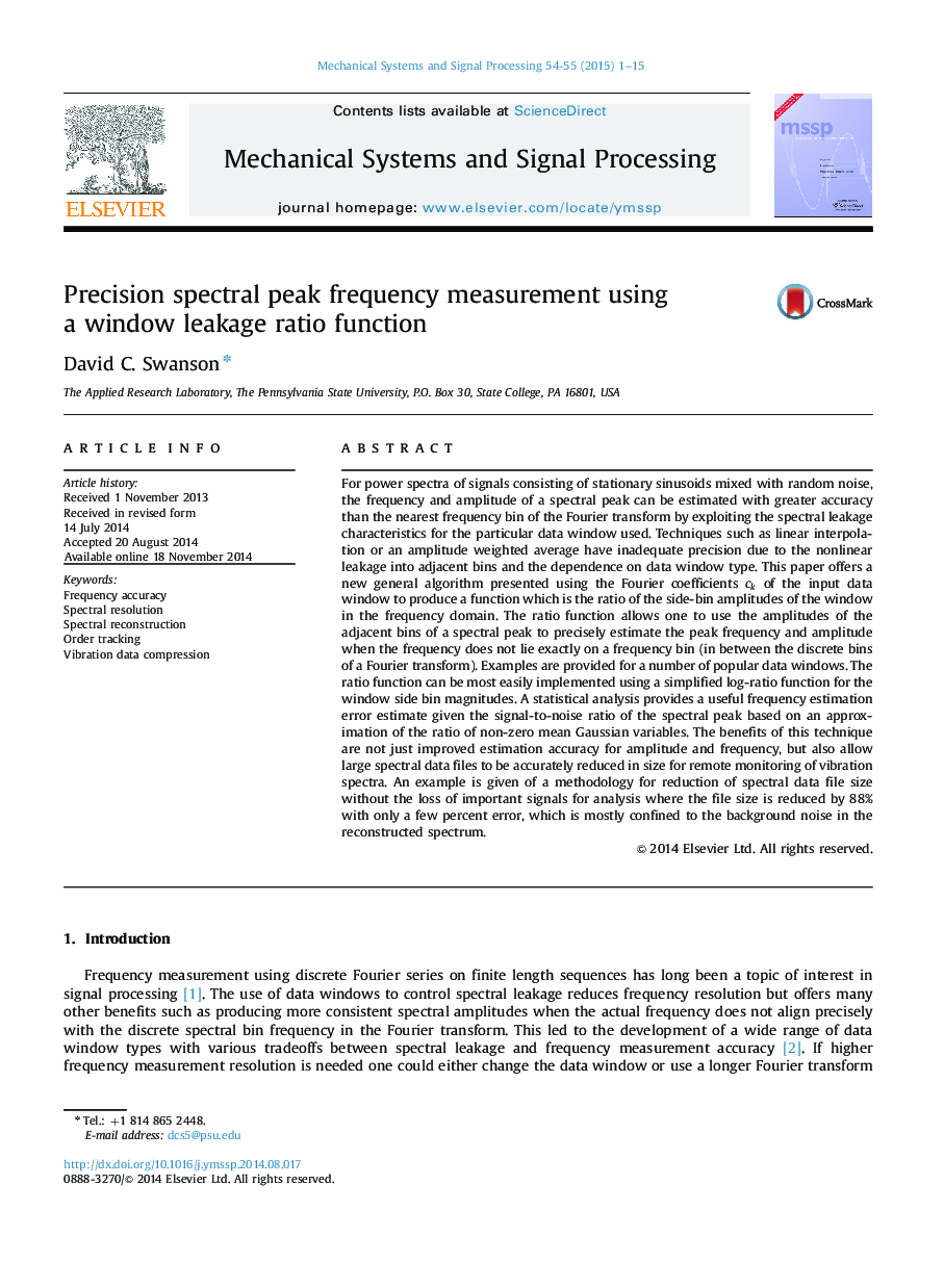 Precision spectral peak frequency measurement using a window leakage ratio function